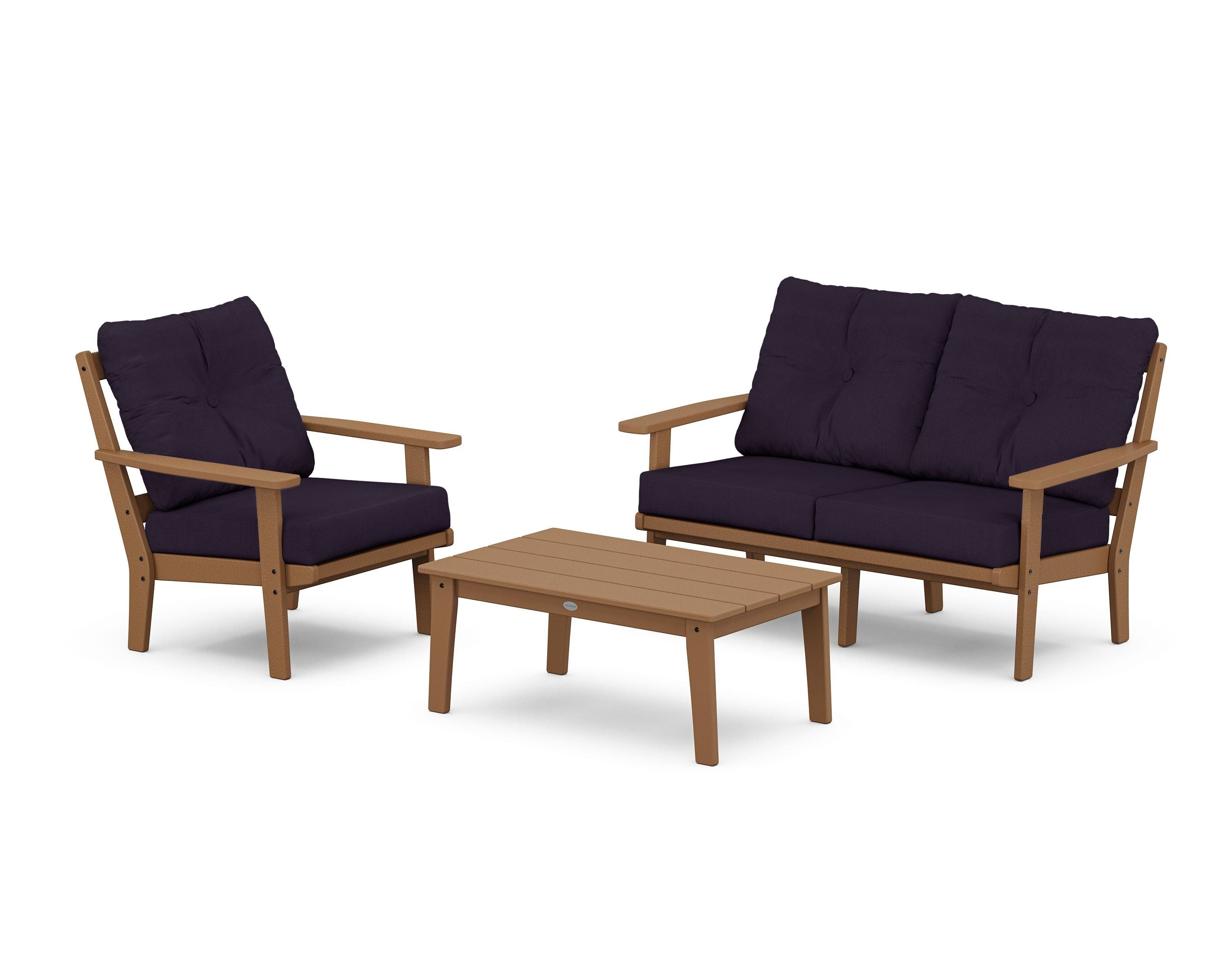 POLYWOOD Oxford 3-Piece Deep Seating Set with Loveseat in Teak / Navy Linen