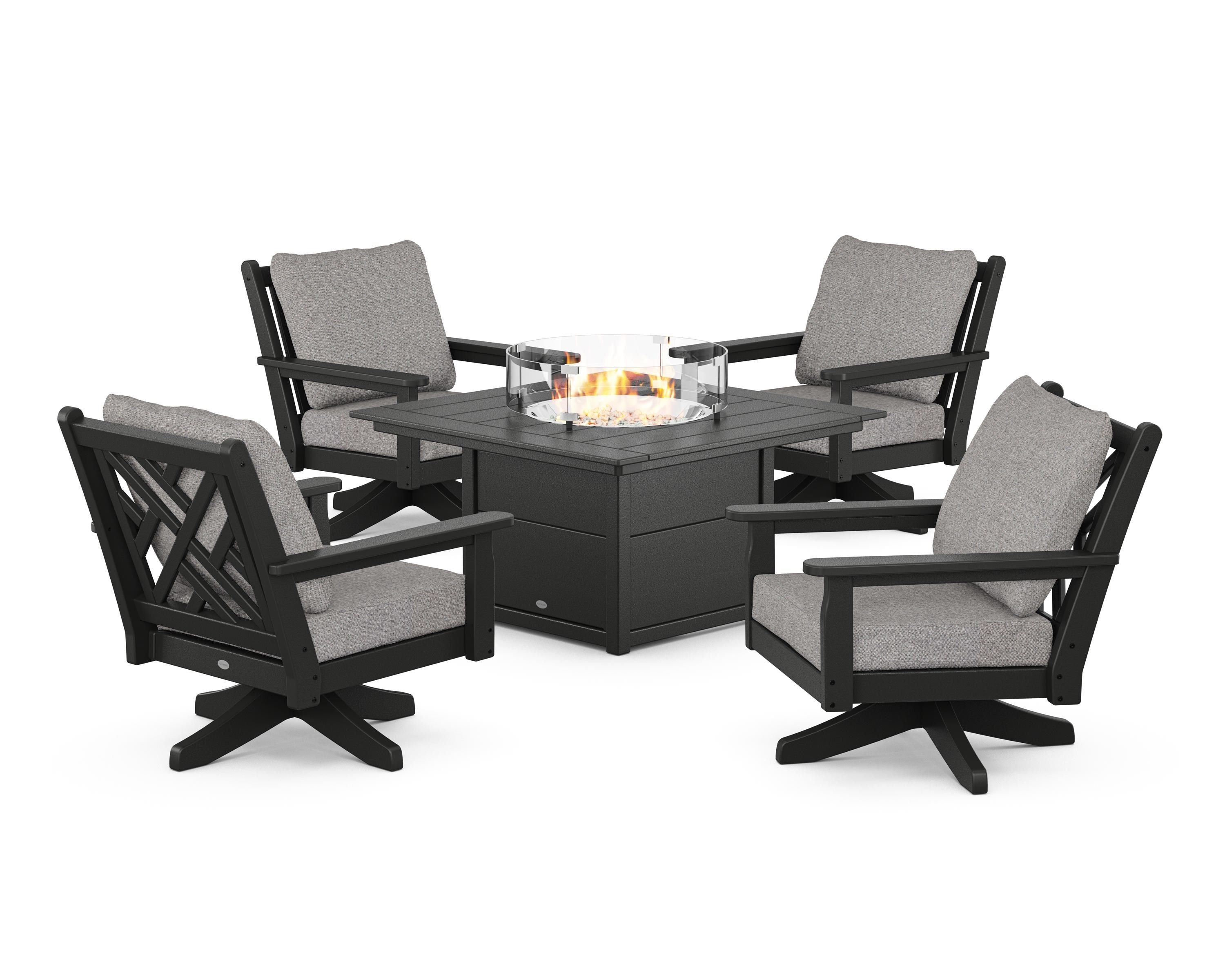 POLYWOOD Chippendale 5-Piece Deep Seating Swivel Conversation Set with Fire Pit Table in Black / Grey Mist