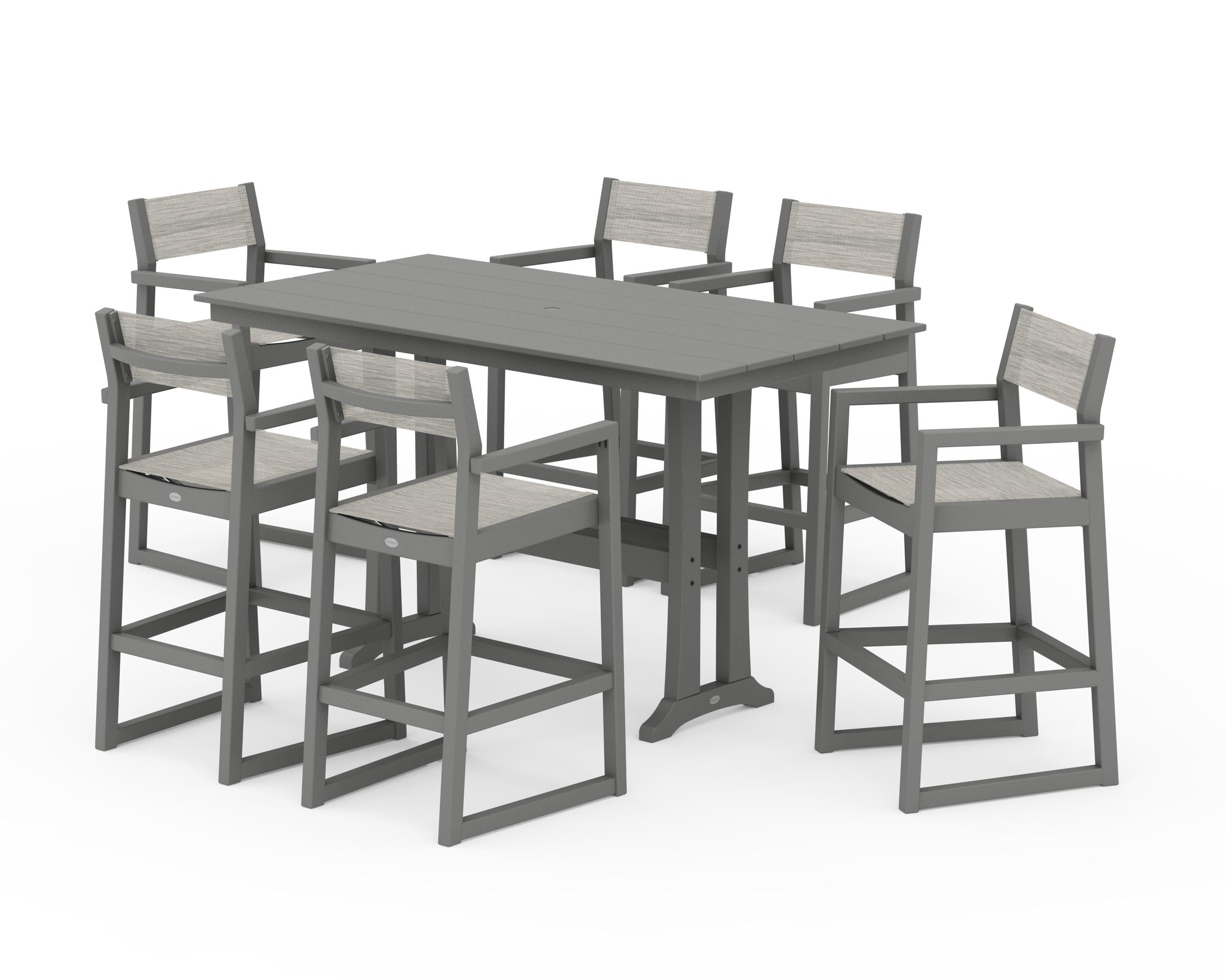 POLYWOOD EDGE Sling Arm Chair 7-Piece Farmhouse Bar Set with Trestle Legs in Slate Grey / Birch Sling