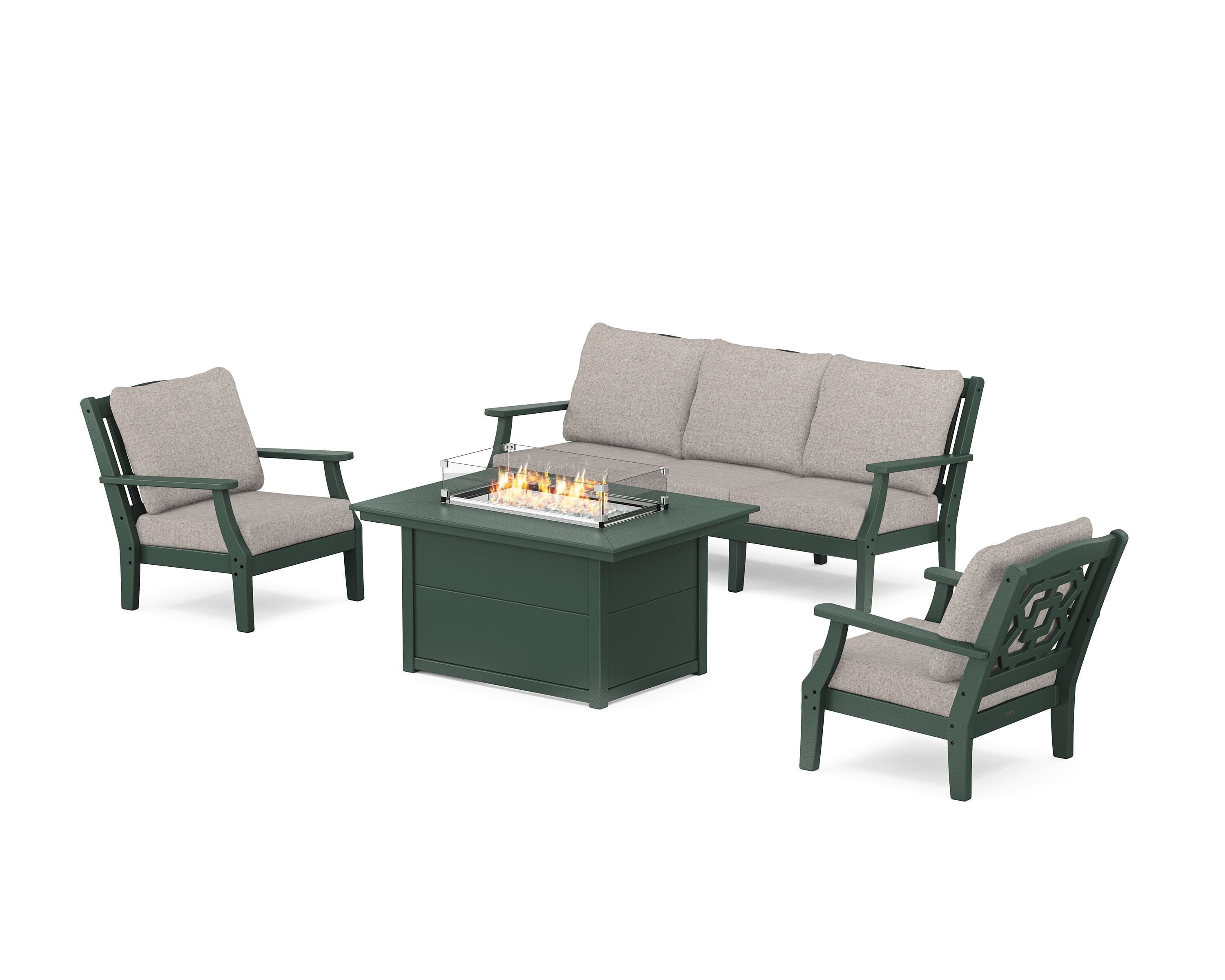 Martha Stewart by POLYWOOD Chinoiserie Deep Seating Fire Pit Table Set in Green / Weathered Tweed