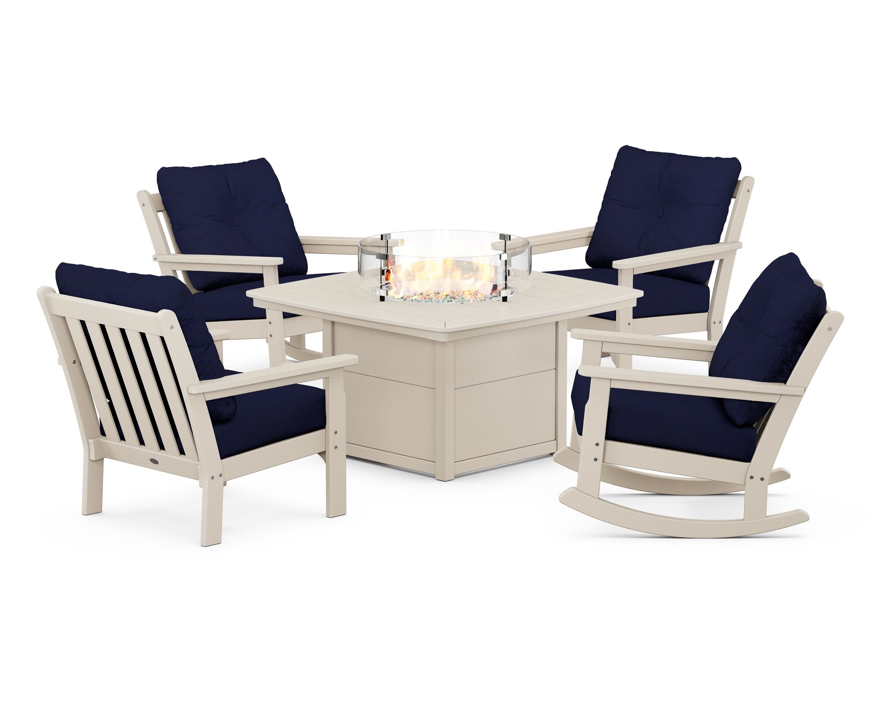 POLYWOOD Vineyard 5-Piece Deep Seating Rocking Chair Conversation Set with Fire Pit Table in Sand / Navy