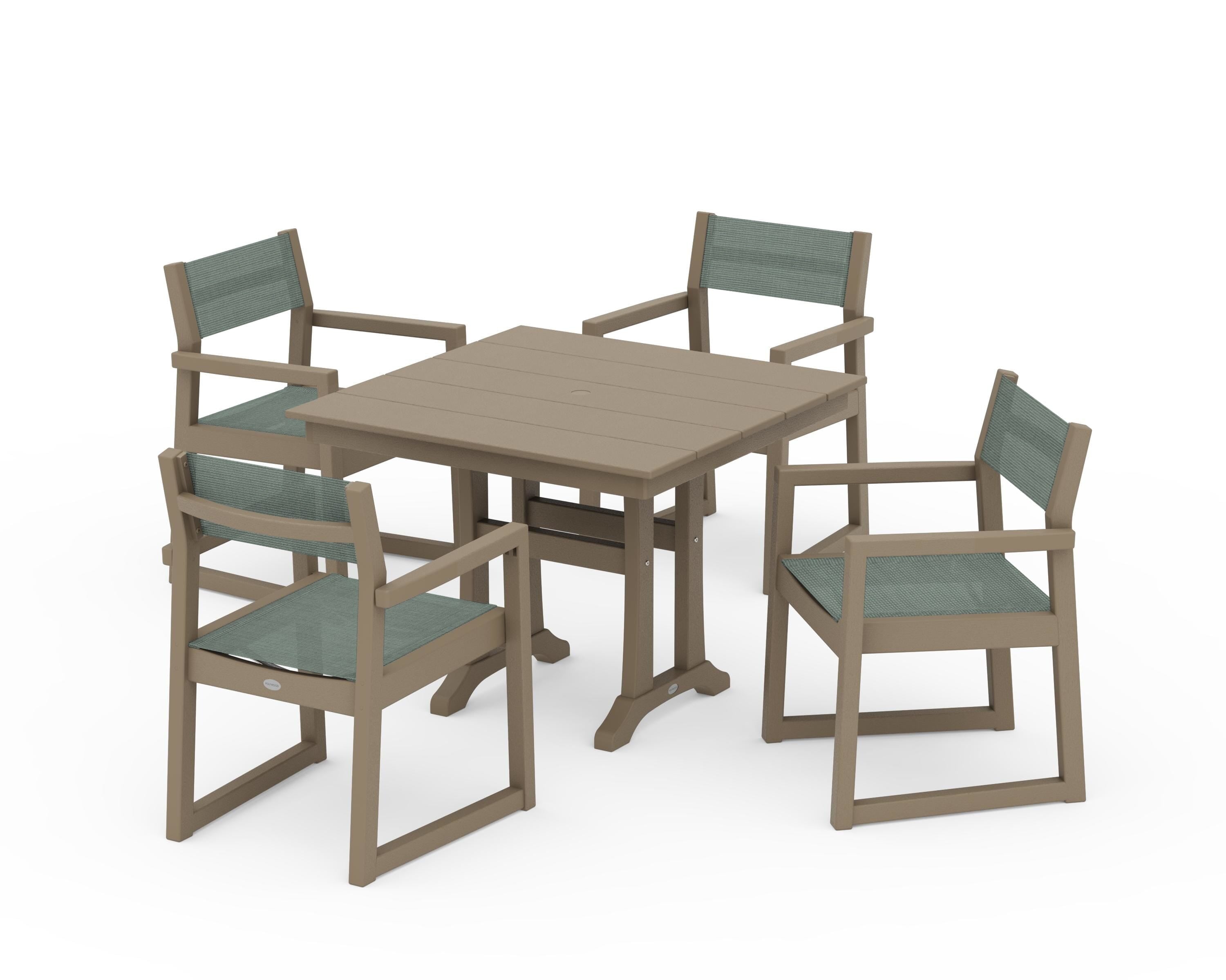 POLYWOOD EDGE Sling 5-Piece Farmhouse Dining Set with Trestle Legs in Vintage Sahara / Dupioni Sea Mist Sling