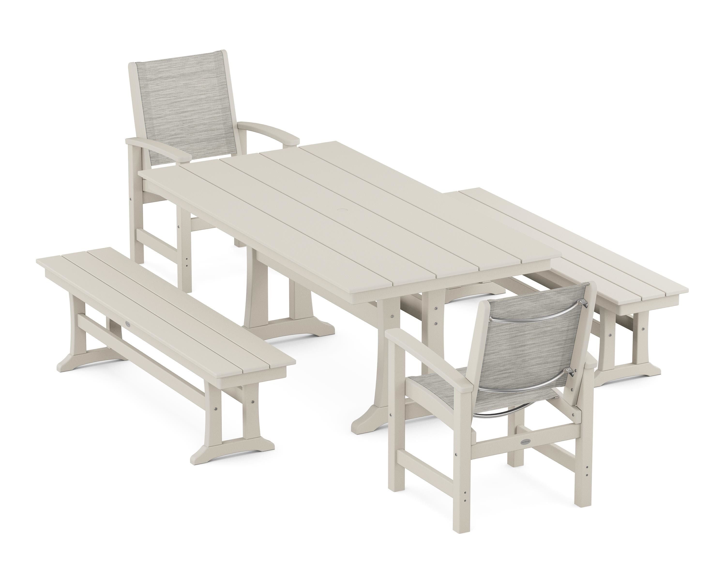 POLYWOOD Coastal 5-Piece Farmhouse Dining Set with Trestle Legs and Benches in Sand / Birch Sling