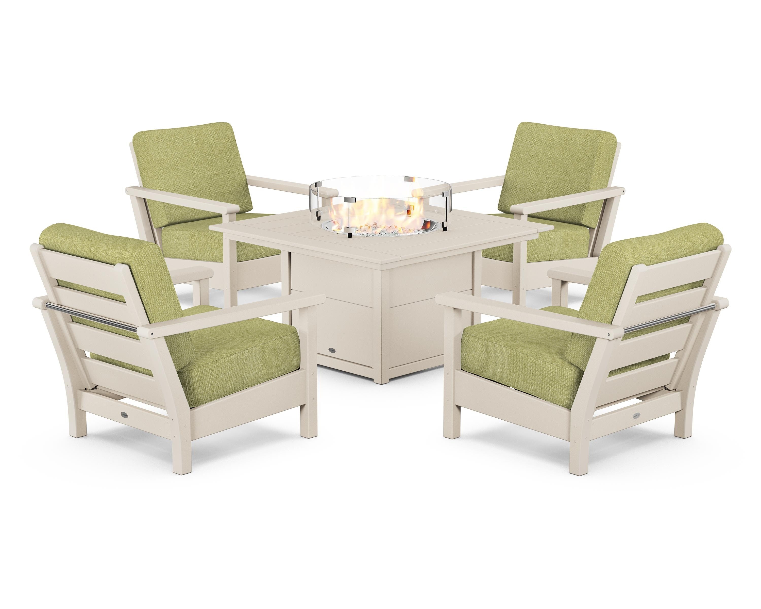 POLYWOOD Harbour 5-Piece Conversation Set with Fire Pit Table in Sand / Chartreuse Boucle