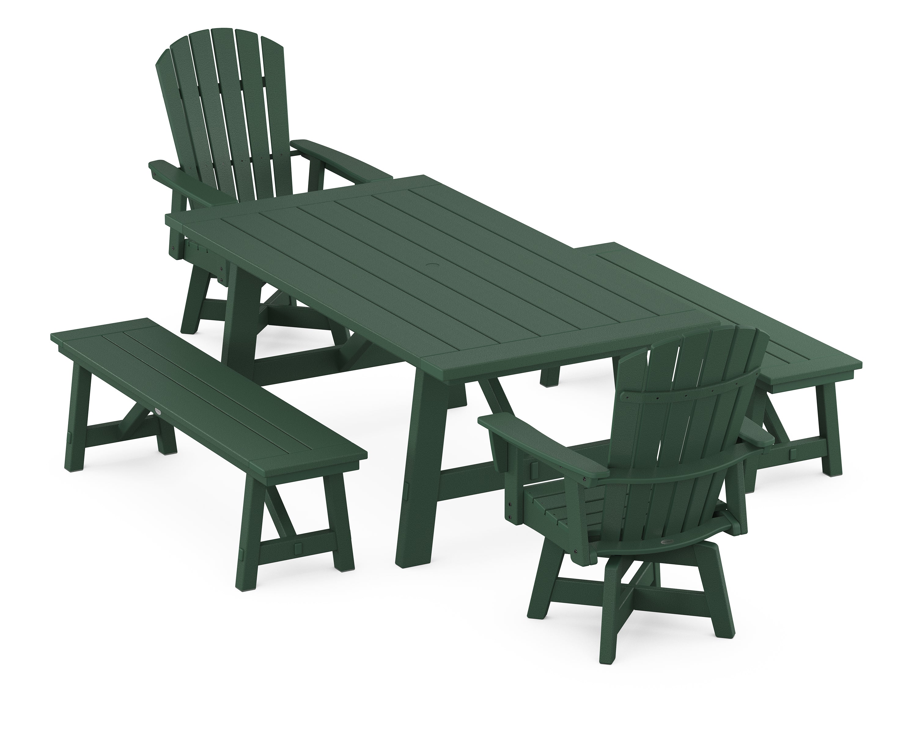 POLYWOOD® Nautical Curveback Adirondack Swivel Chair 5-Piece Rustic Farmhouse Dining Set With Benches in Green