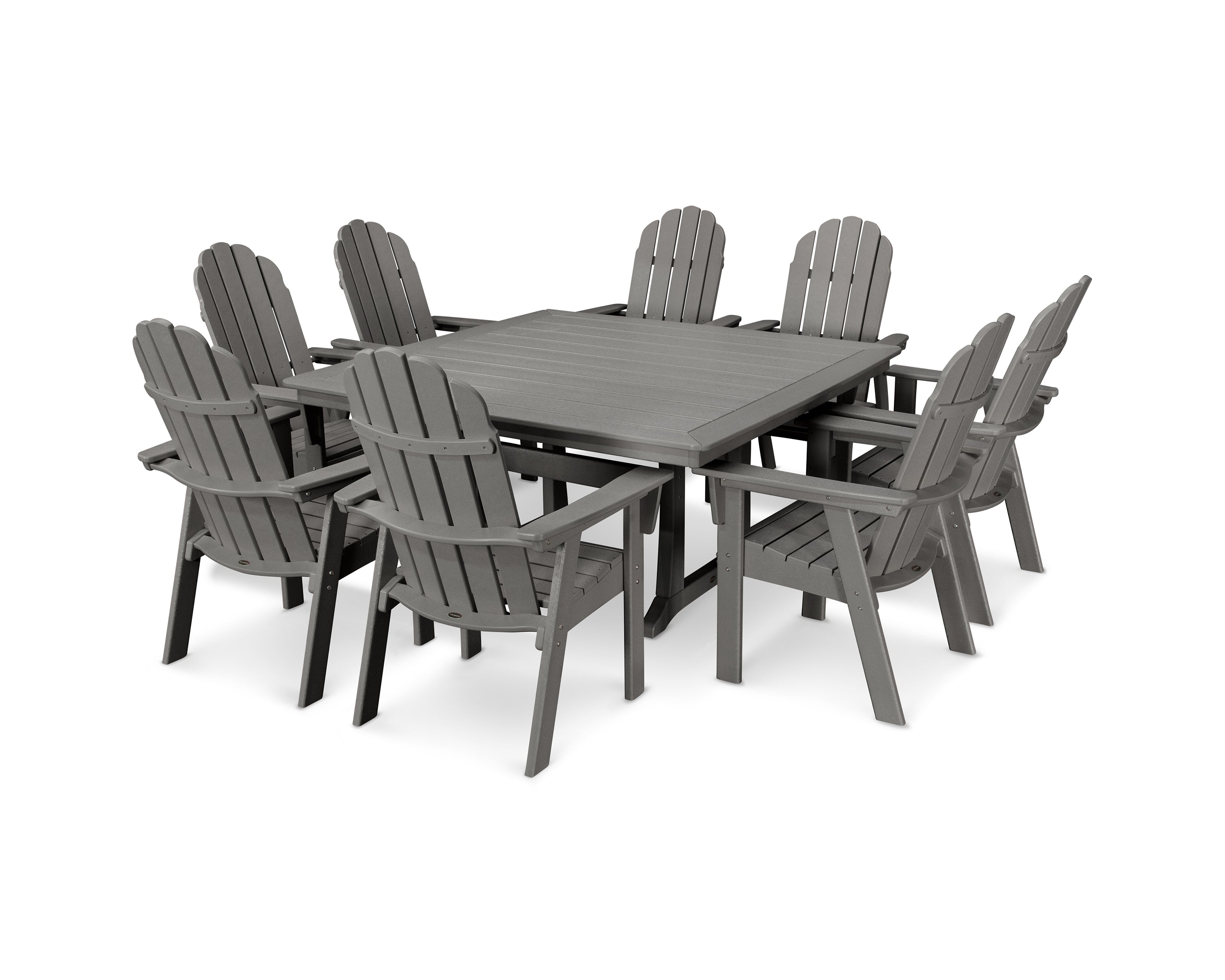 POLYWOOD® Vineyard Curveback Adirondack 9-Piece Nautical Trestle Dining Set in Slate Grey