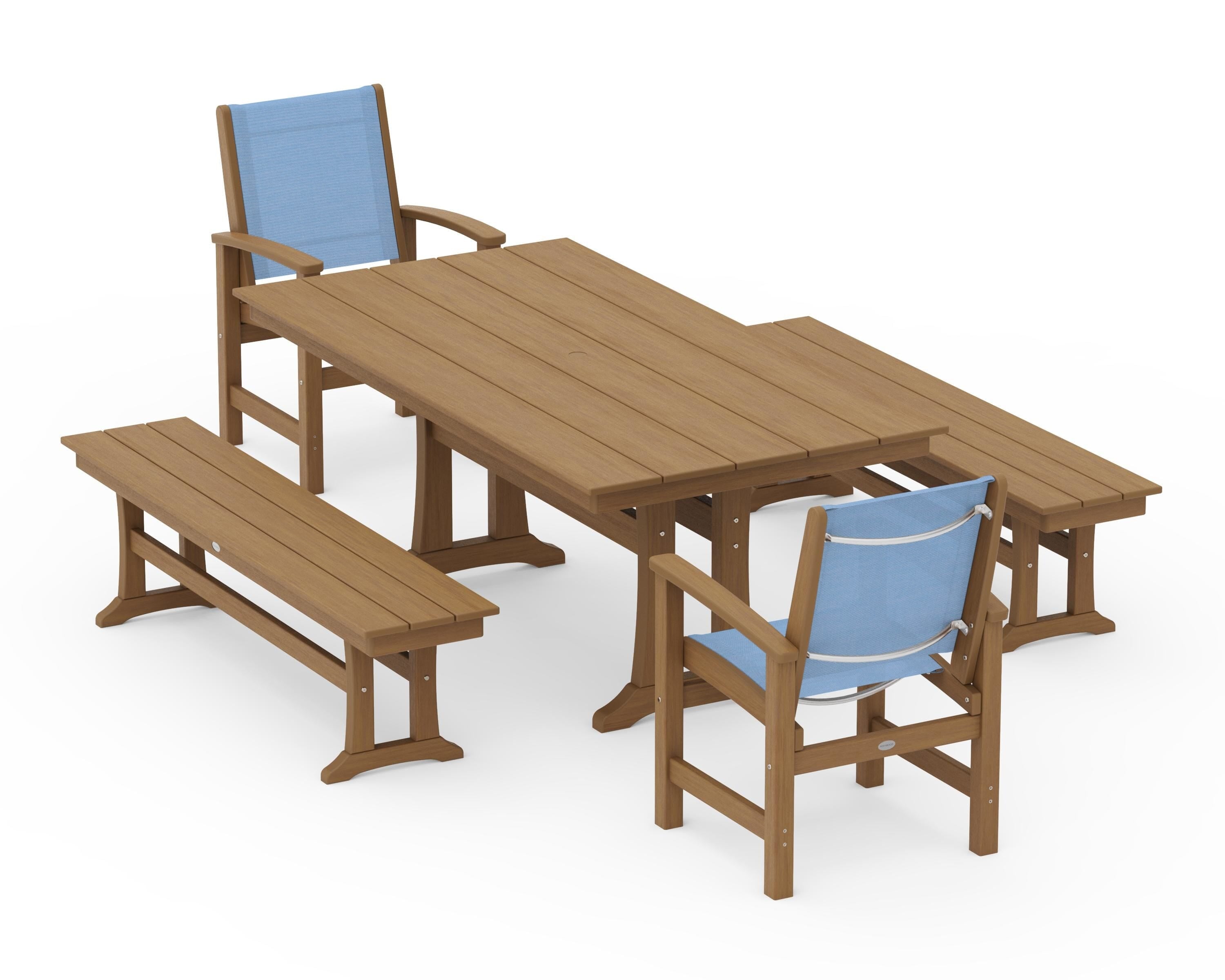 POLYWOOD Coastal 5-Piece Farmhouse Dining Set with Trestle Legs and Benches in Natural / Poolside Sling