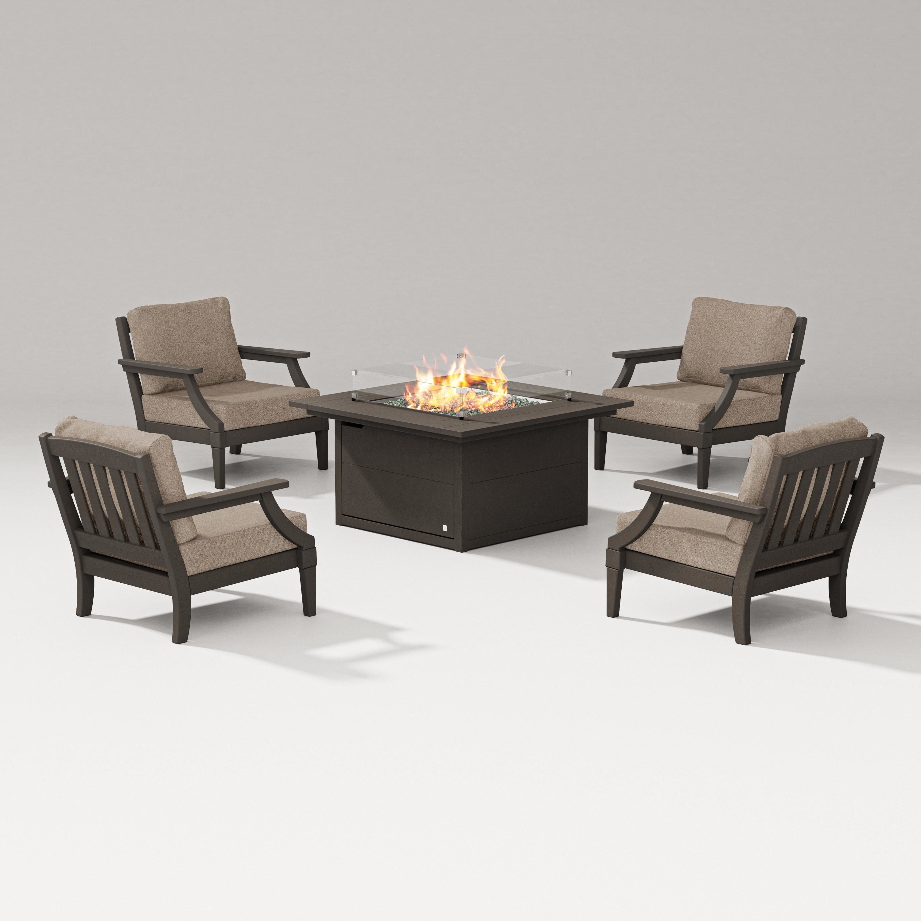 PW Designer Series Estate 5-Piece Lounge Fire Table Set in Vintage Coffee / Spiced Burlap