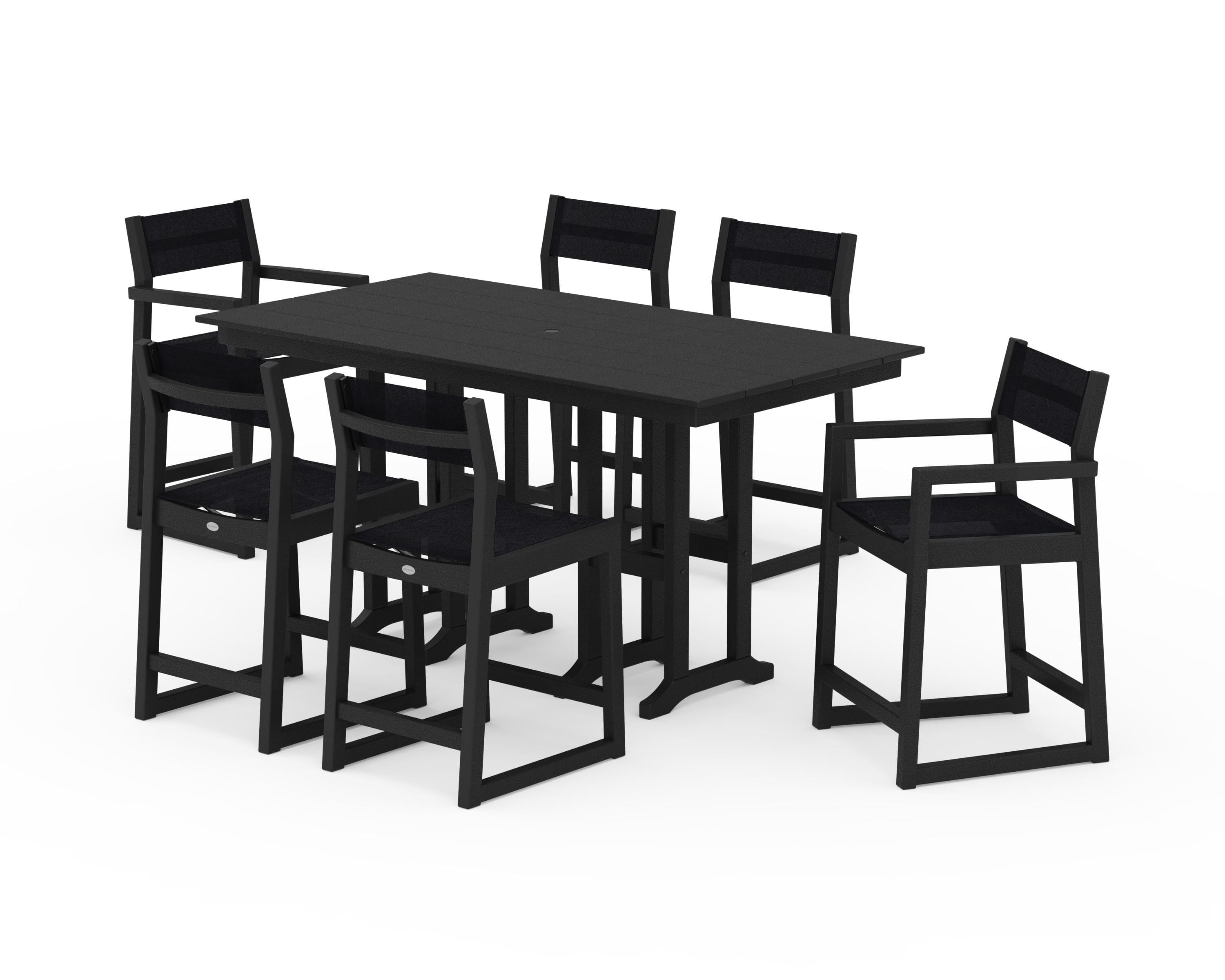 POLYWOOD EDGE Sling 7-Piece Farmhouse Counter Set with Trestle Legs in Black / Black Sling