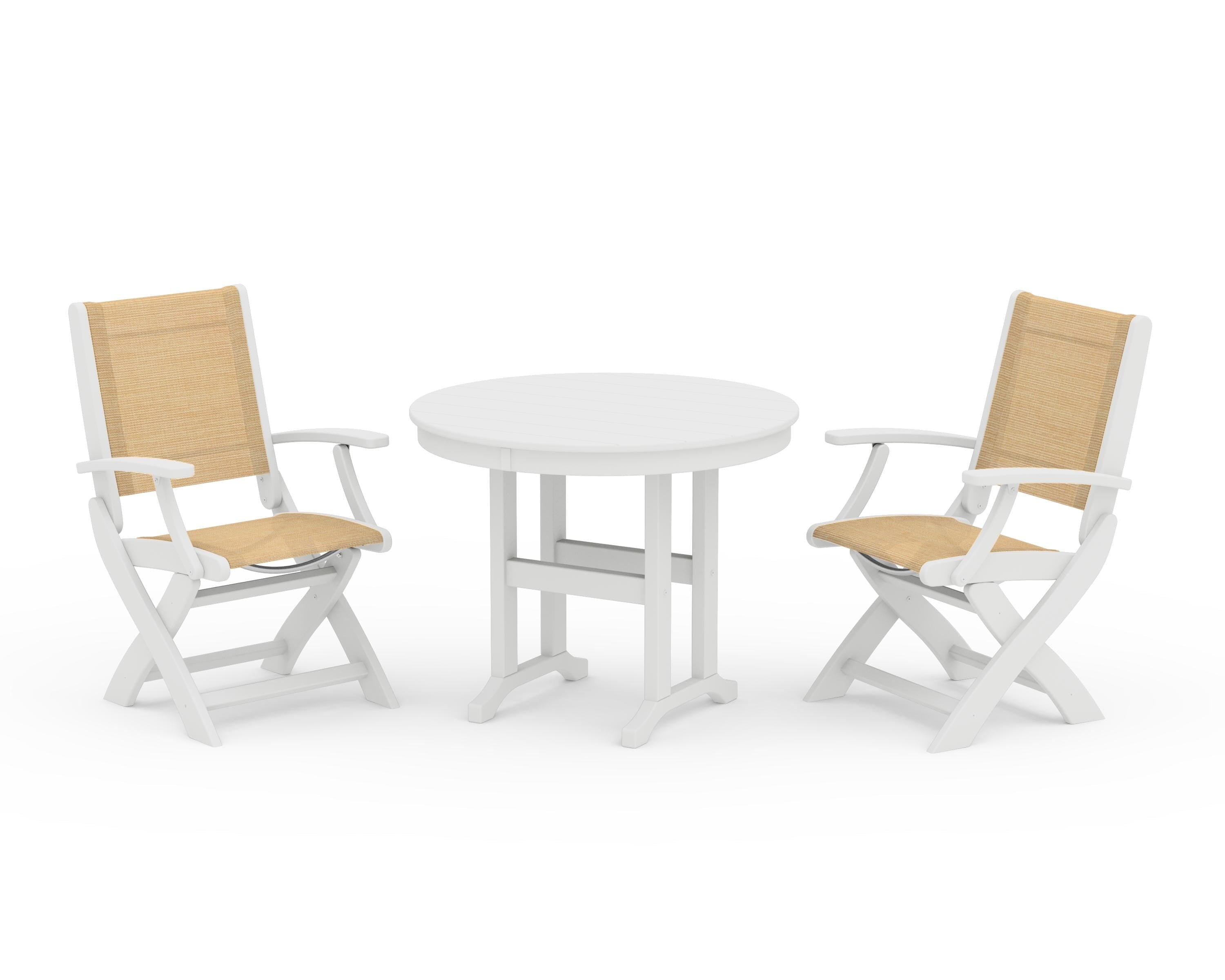 POLYWOOD Coastal Folding Chair 3-Piece Round Dining Set in White / Dupioni Apricot Sling