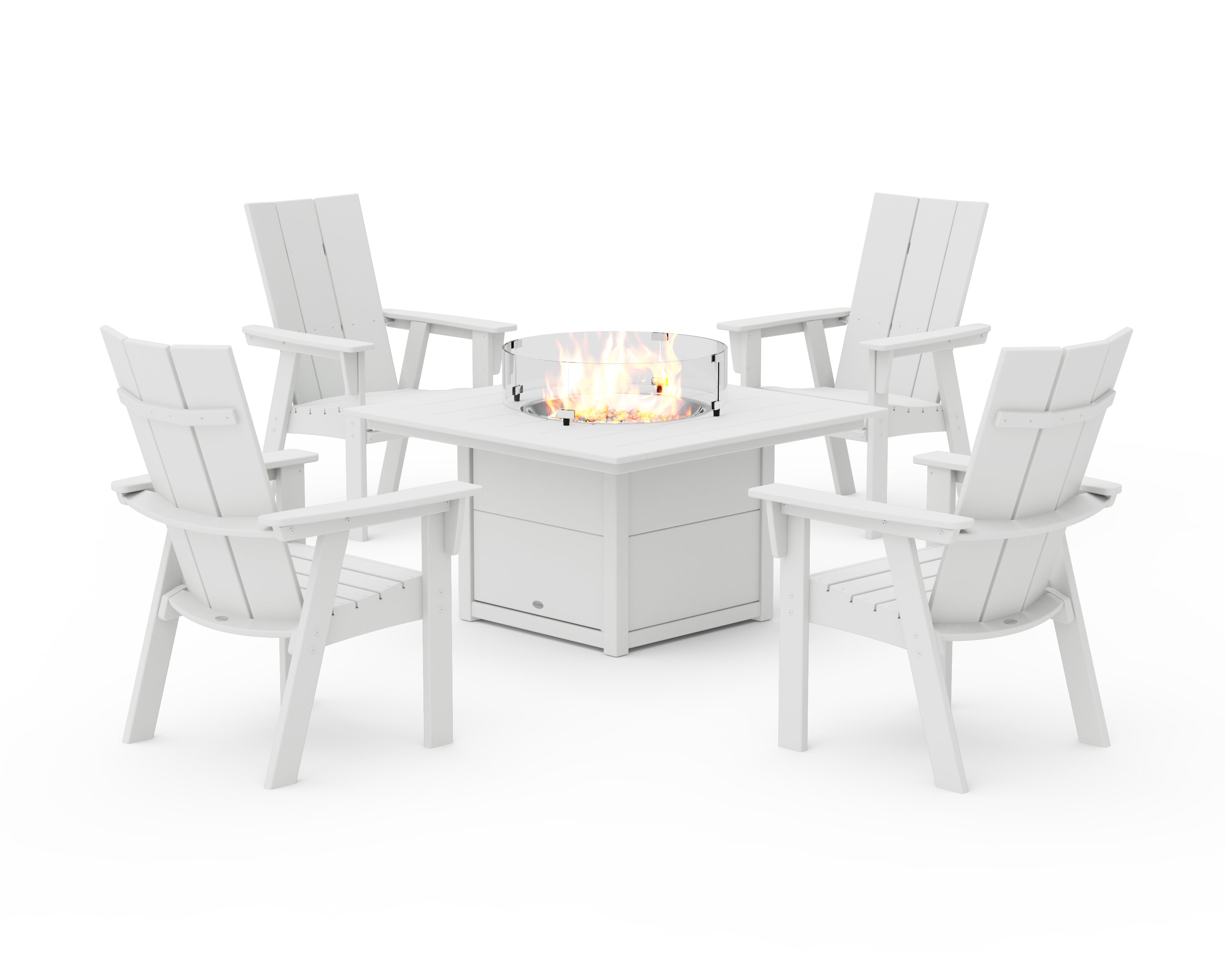 POLYWOOD Modern 4-Piece Curveback Upright Adirondack Conversation Set with Fire Pit Table in White