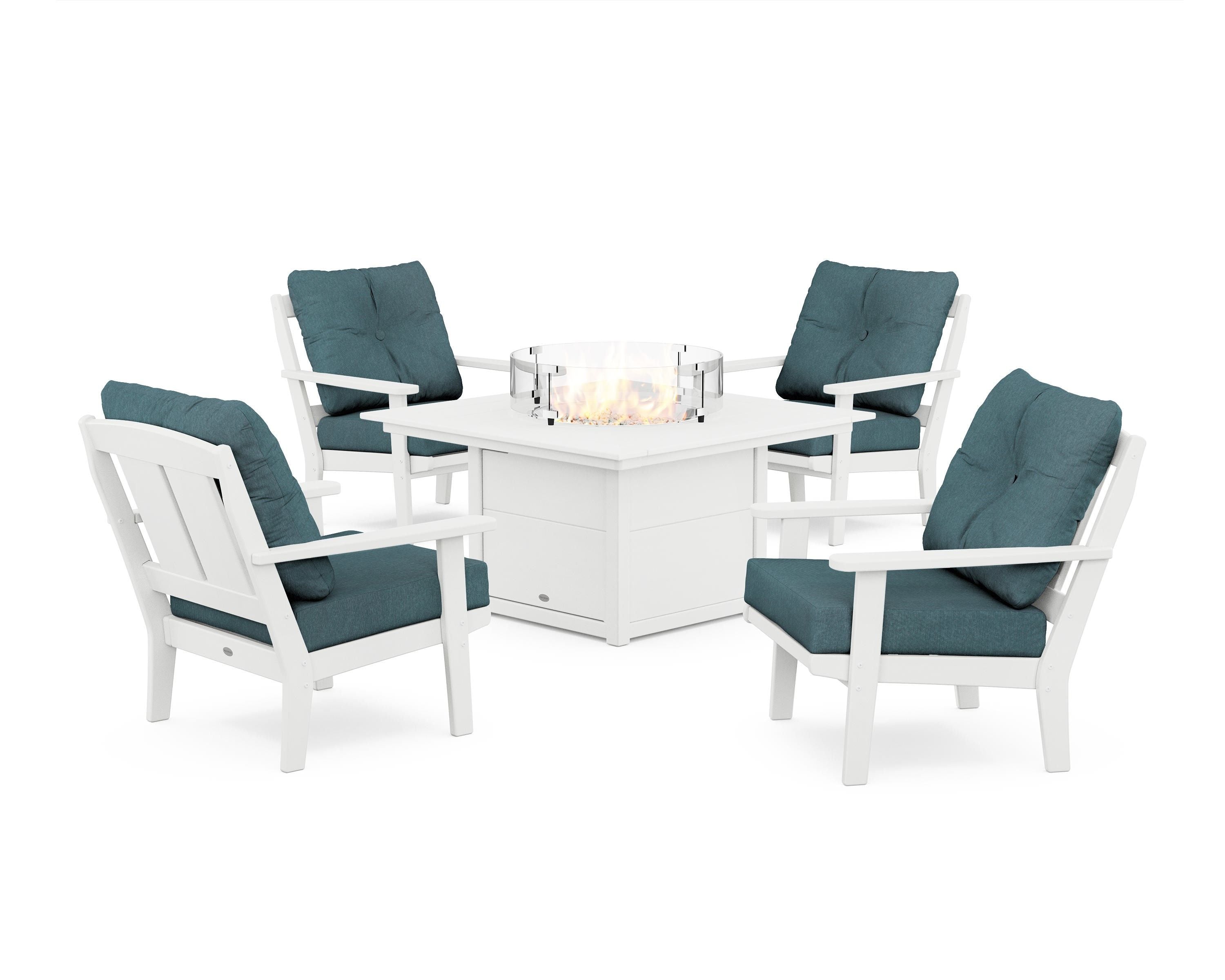 POLYWOOD Mission 5-Piece Deep Seating Set with Fire Pit Table in White / Ocean Teal