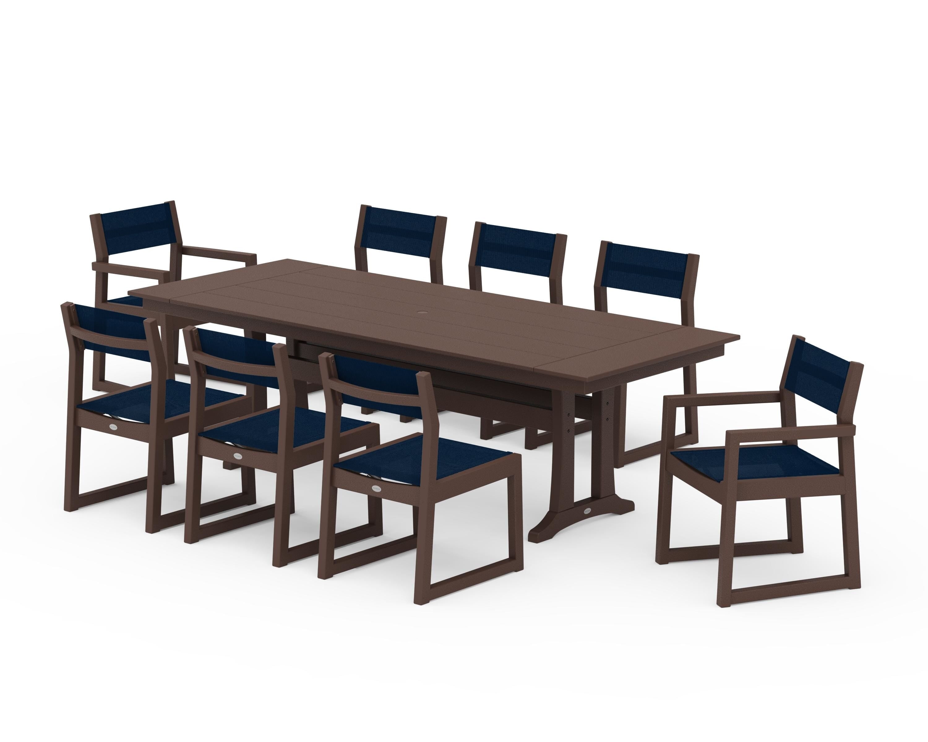 POLYWOOD EDGE Sling 9-Piece Farmhouse Trestle Dining Set in Mahogany / Navy Blue Sling