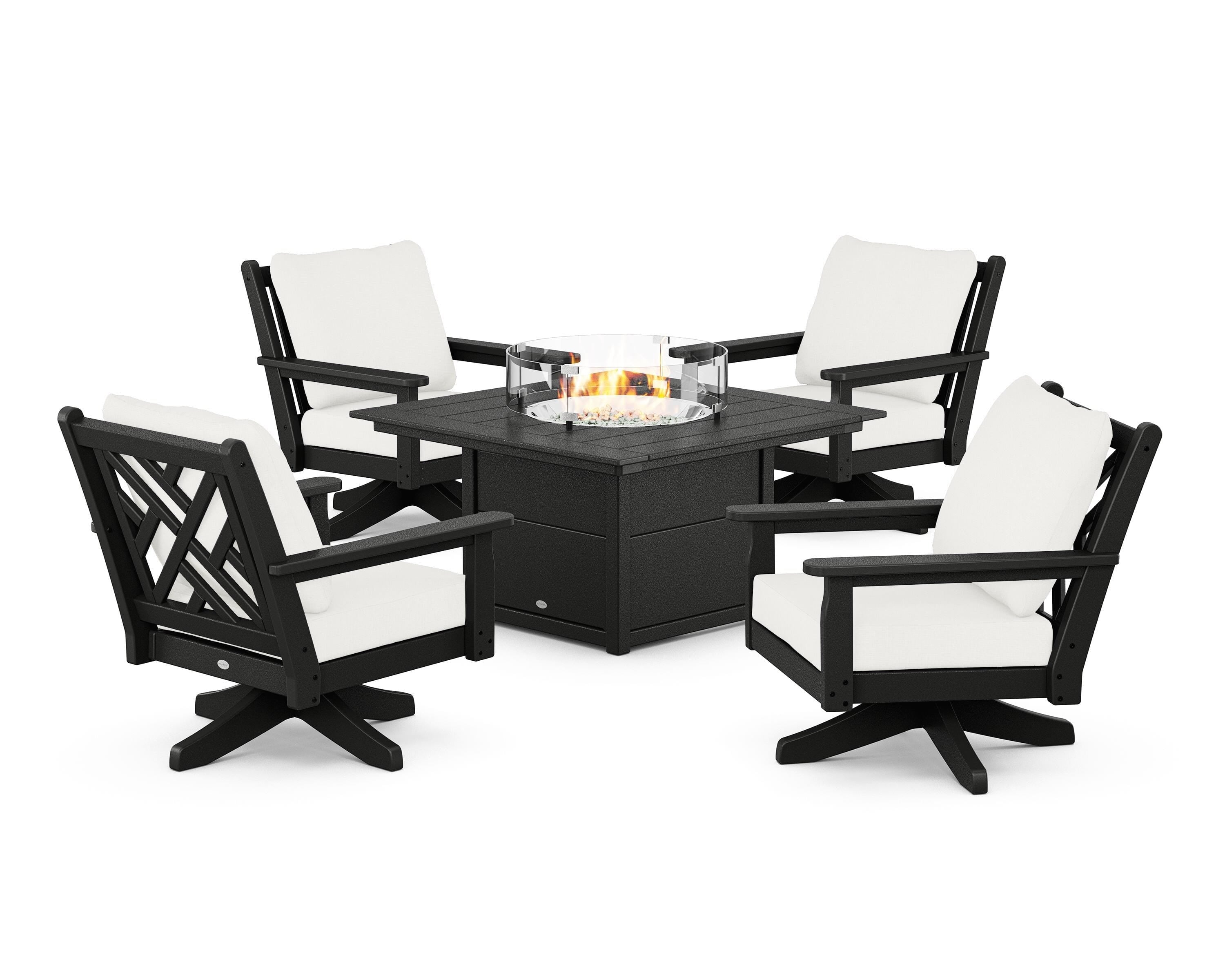 POLYWOOD Chippendale 5-Piece Deep Seating Swivel Conversation Set with Fire Pit Table in Black / Natural Linen