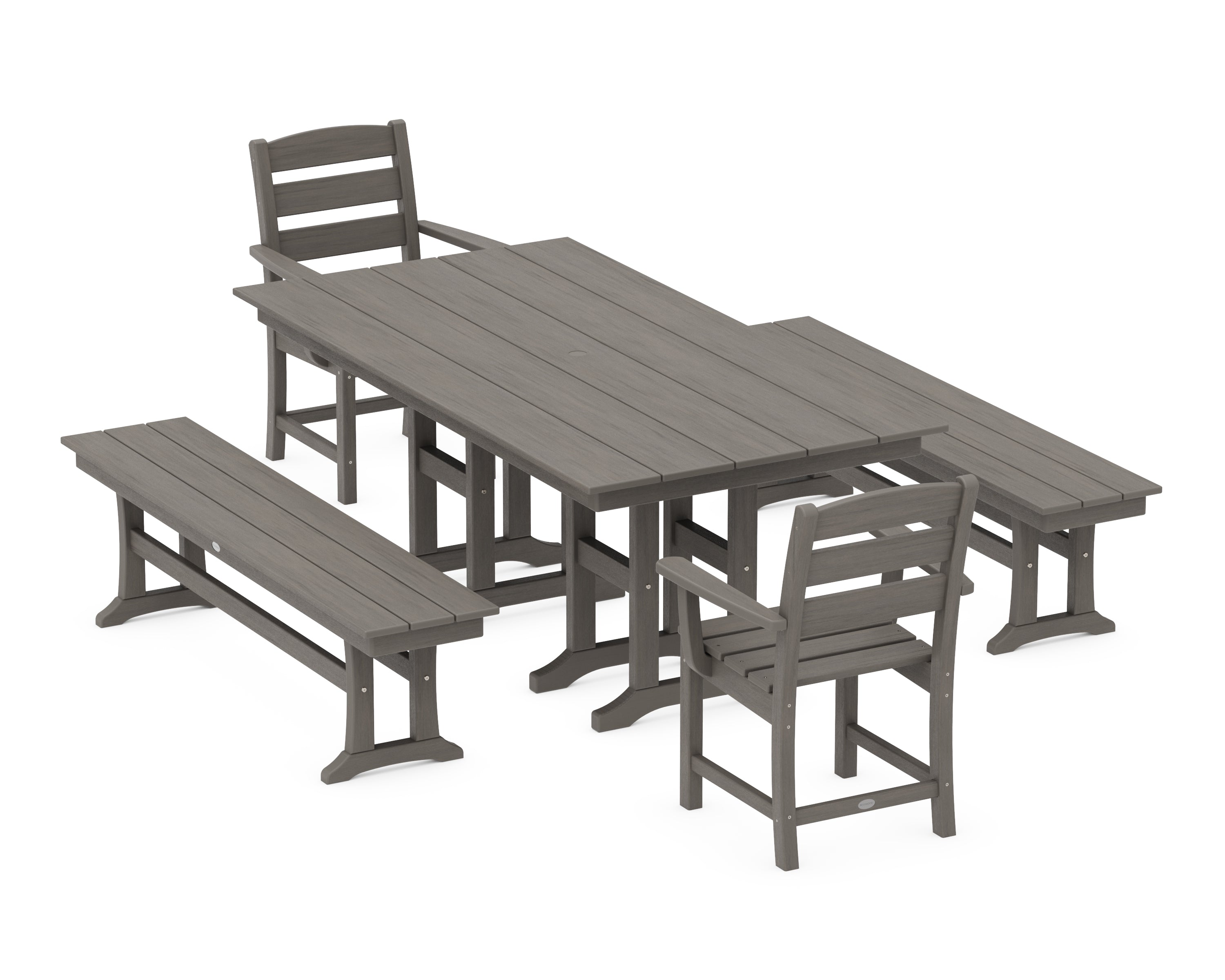 POLYWOOD Lakeside 5-Piece Farmhouse Dining Set with Benches in Driftwood