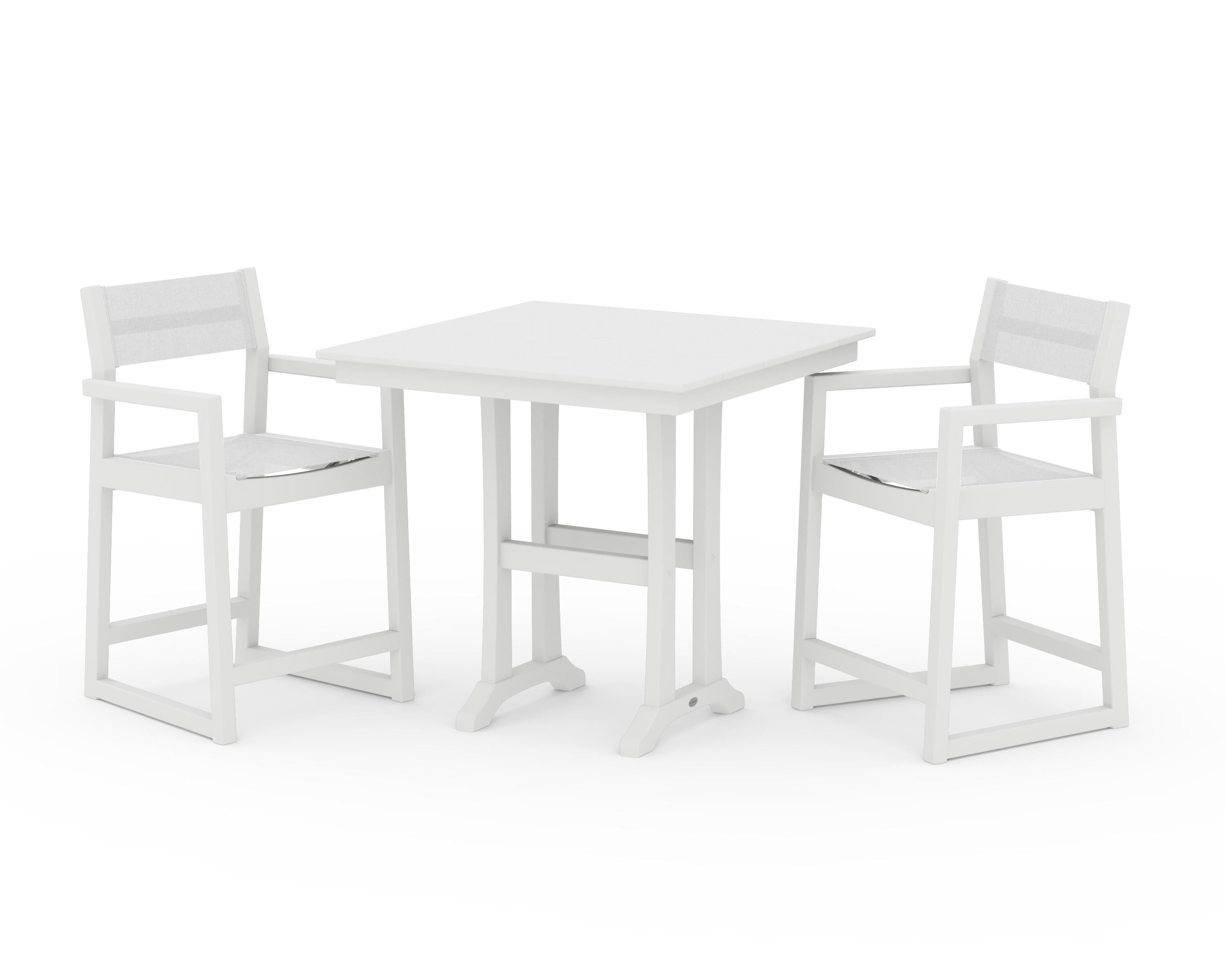 POLYWOOD EDGE Sling Arm Chair 3-Piece Farmhouse Counter Set with Trestle Legs in White / White Sling