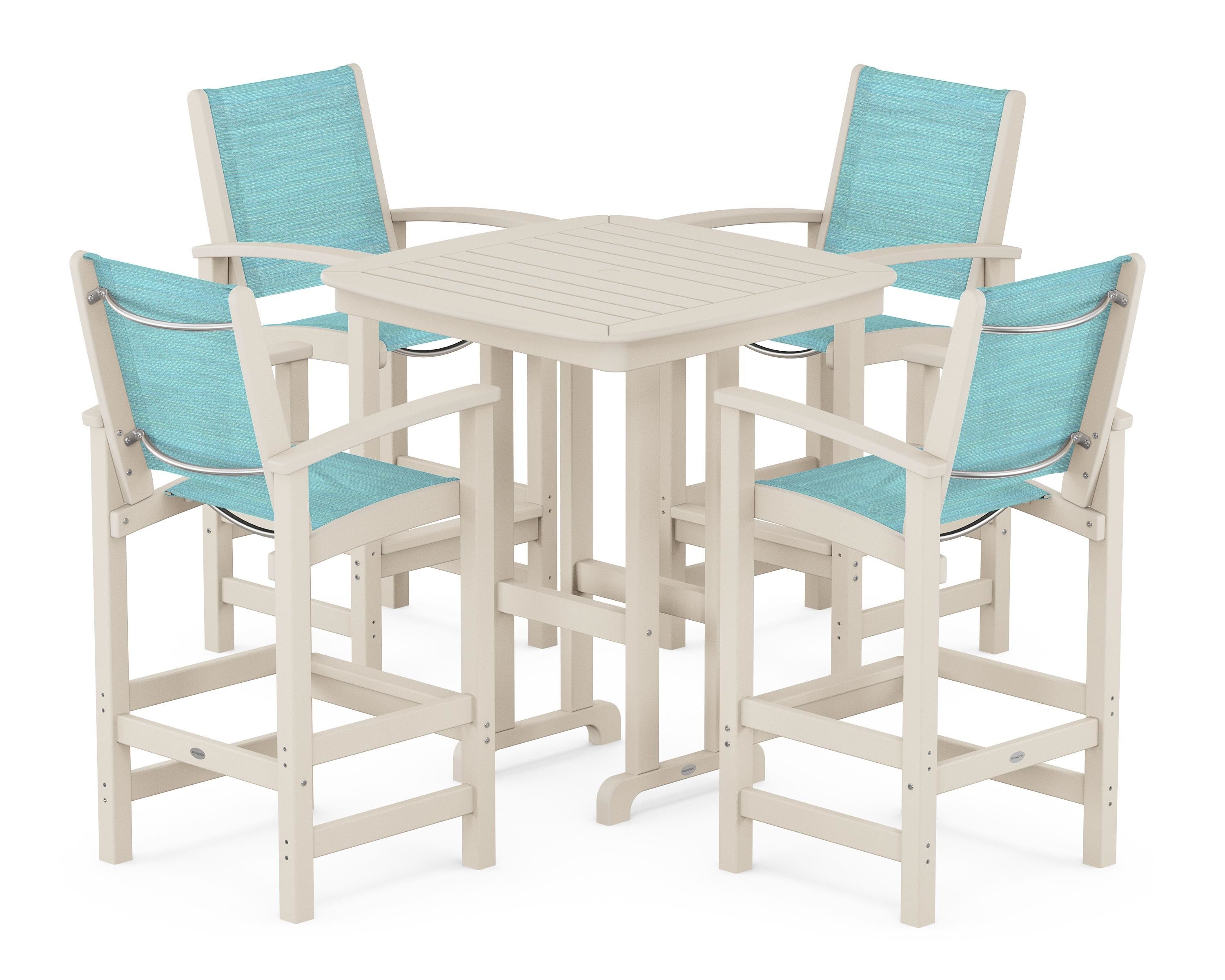 POLYWOOD Coastal 5-Piece Bar Set in Sand / Dupioni Aquamarine Sling