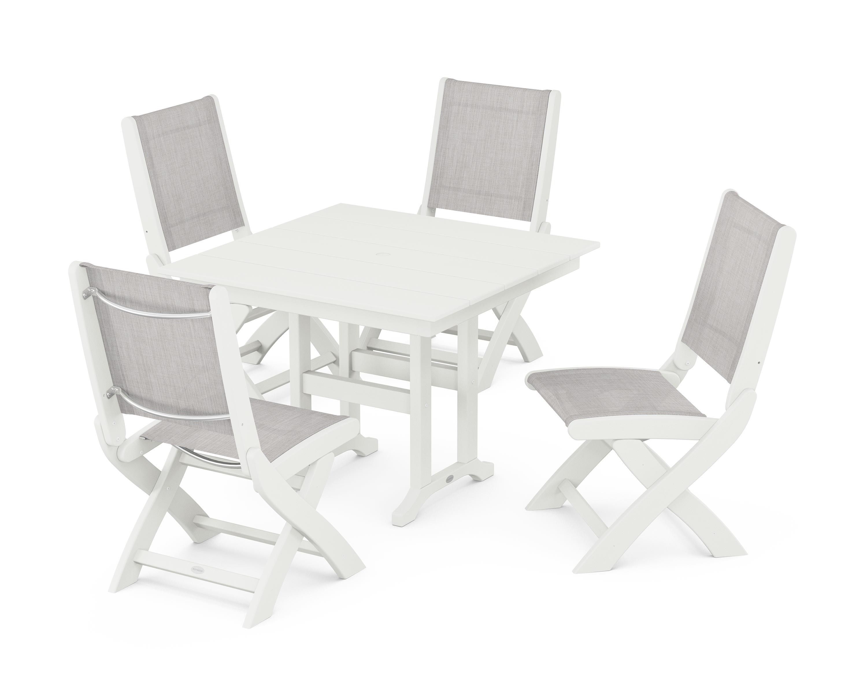 POLYWOOD Coastal Folding Side Chair 5-Piece Farmhouse Dining Set in Vintage White / Parchment Sling