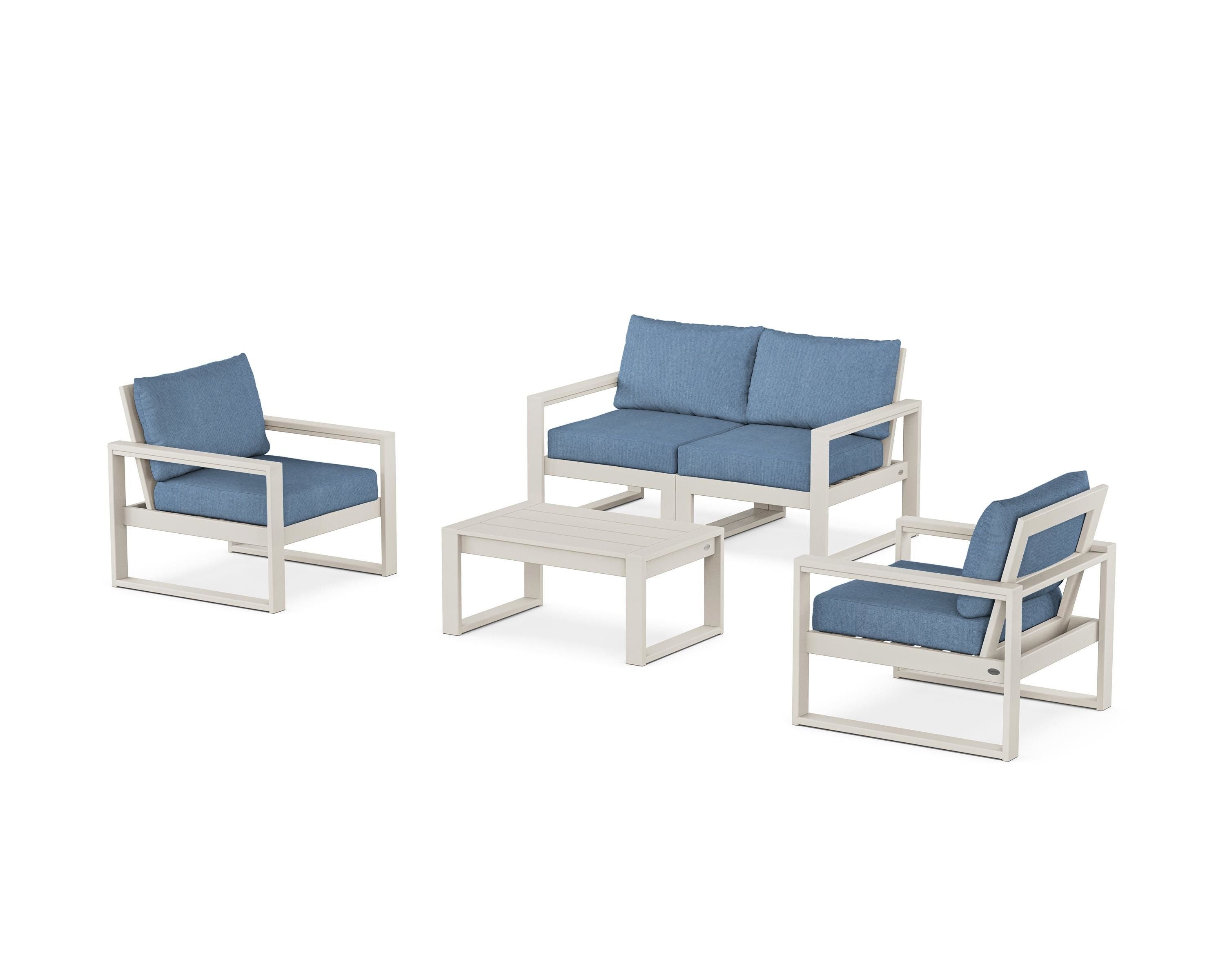 POLYWOOD EDGE Sectional 4-Piece Deep Seating Set with Loveseat in Sand / Sky Blue