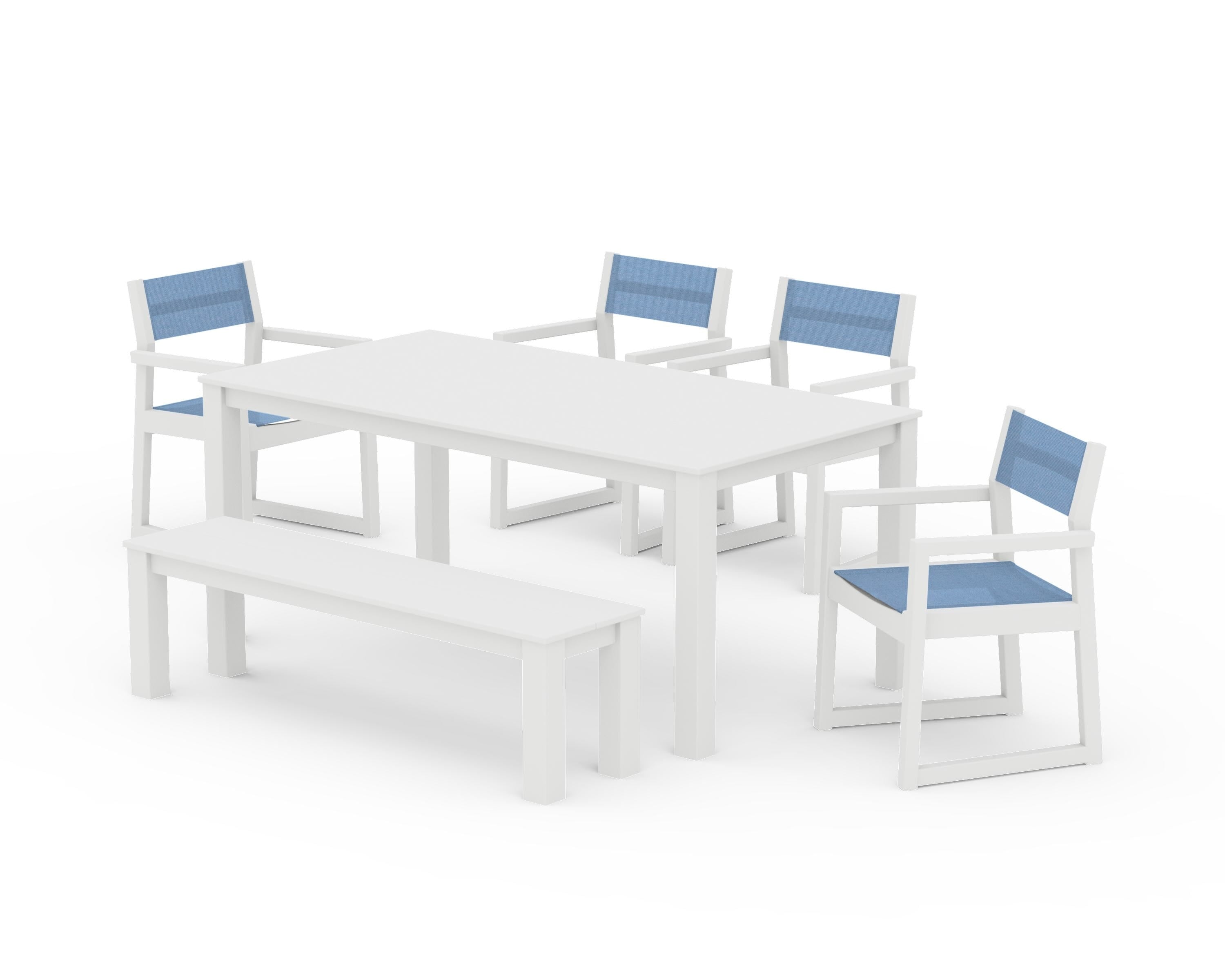 POLYWOOD EDGE Sling Arm Chair 6-Piece Parsons Dining Set with Bench in White / Poolside Sling
