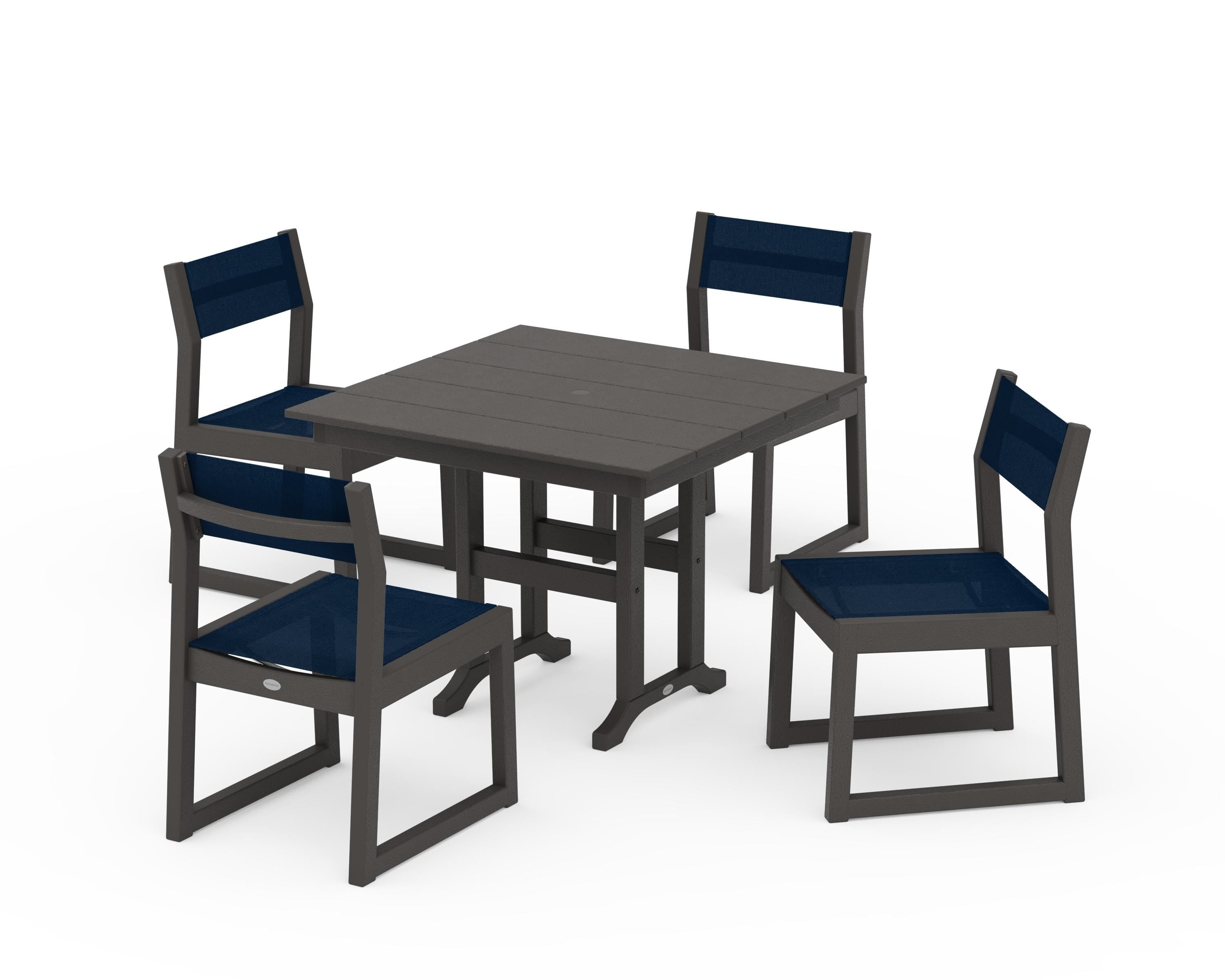 POLYWOOD EDGE Sling Side Chair 5-Piece Farmhouse Dining Set in Vintage Coffee / Navy Blue Sling