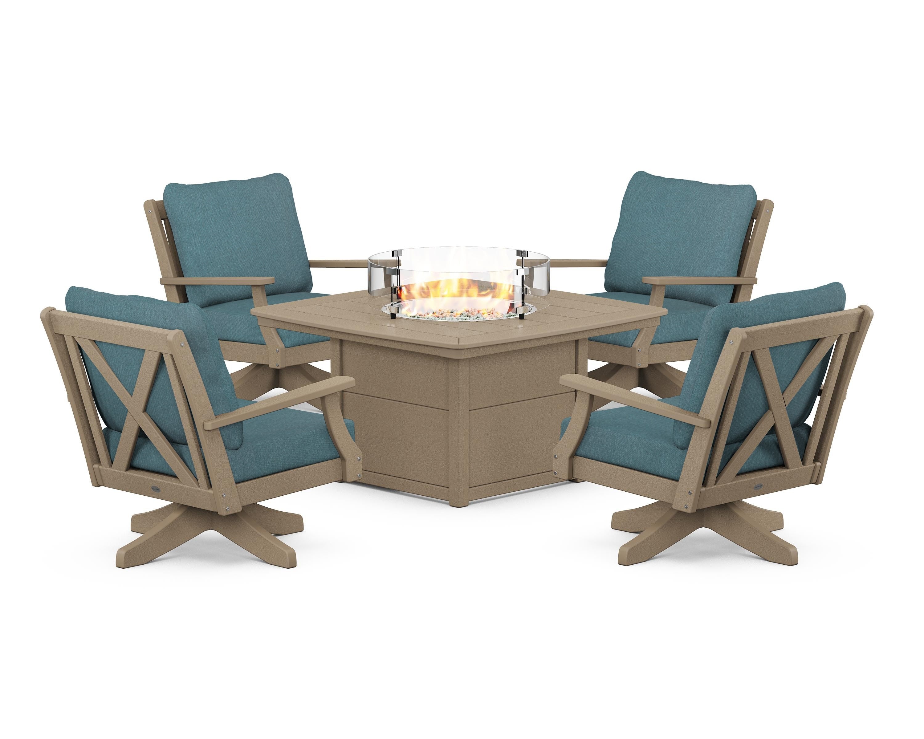 POLYWOOD Braxton 5-Piece Deep Seating Swivel Conversation Set with Fire Pit Table in Vintage Sahara / Ocean Teal