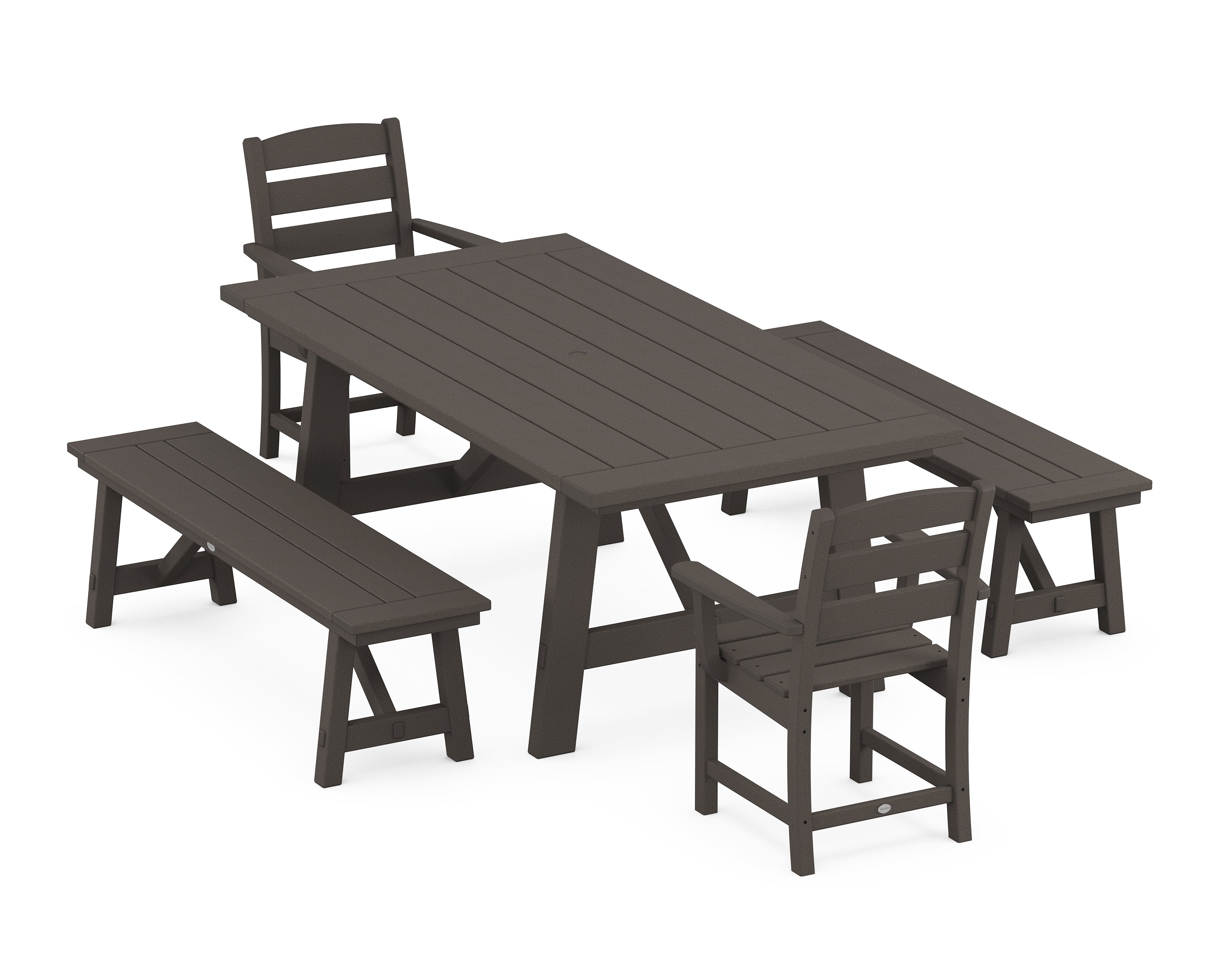 POLYWOOD® Lakeside 5-Piece Rustic Farmhouse Dining Set With Benches in Vintage Coffee