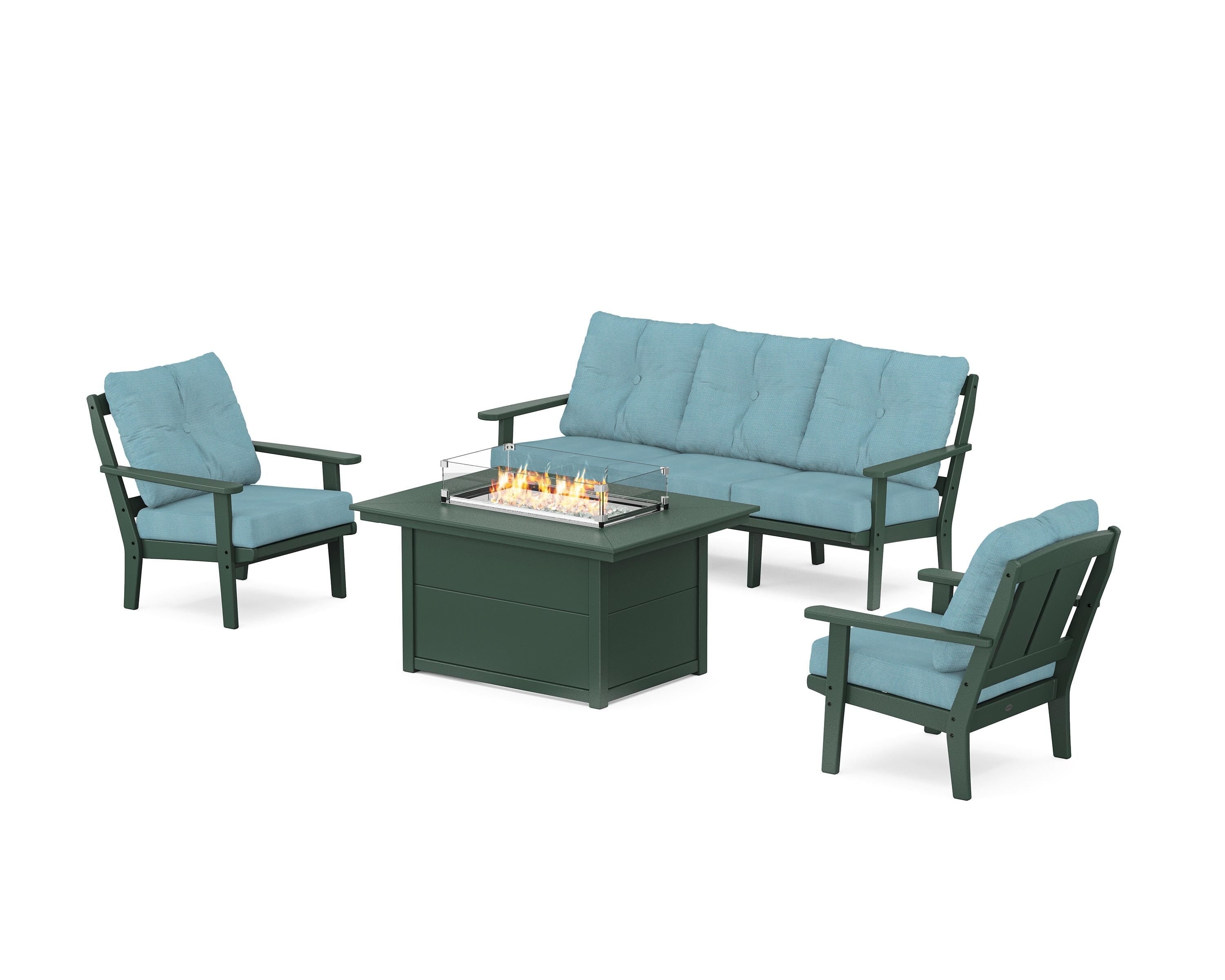 POLYWOOD Mission Deep Seating Fire Pit Table Set in Green / Lattice Sky Blue
