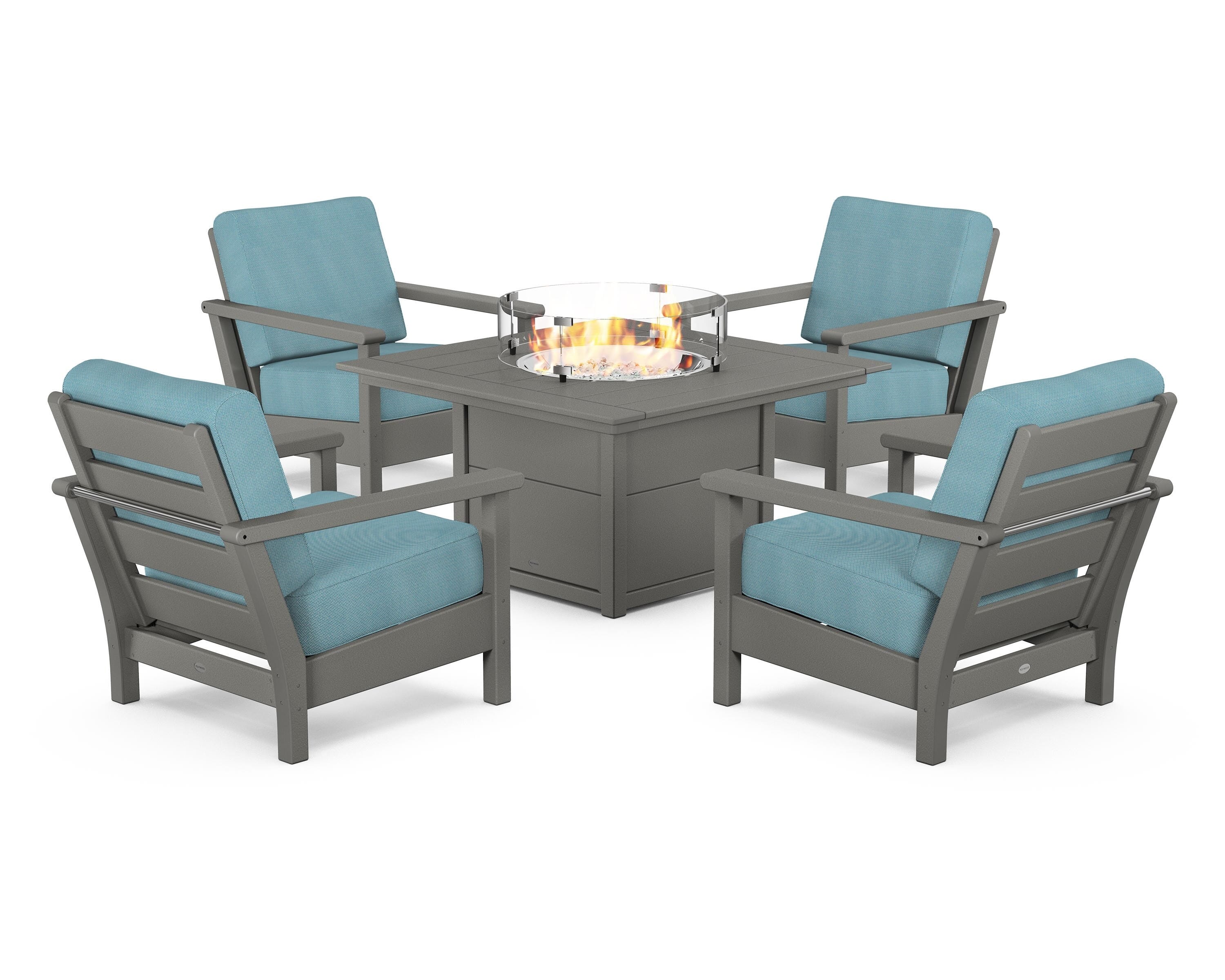 POLYWOOD Harbour 5-Piece Conversation Set with Fire Pit Table in Slate Grey / Lattice Sky Blue