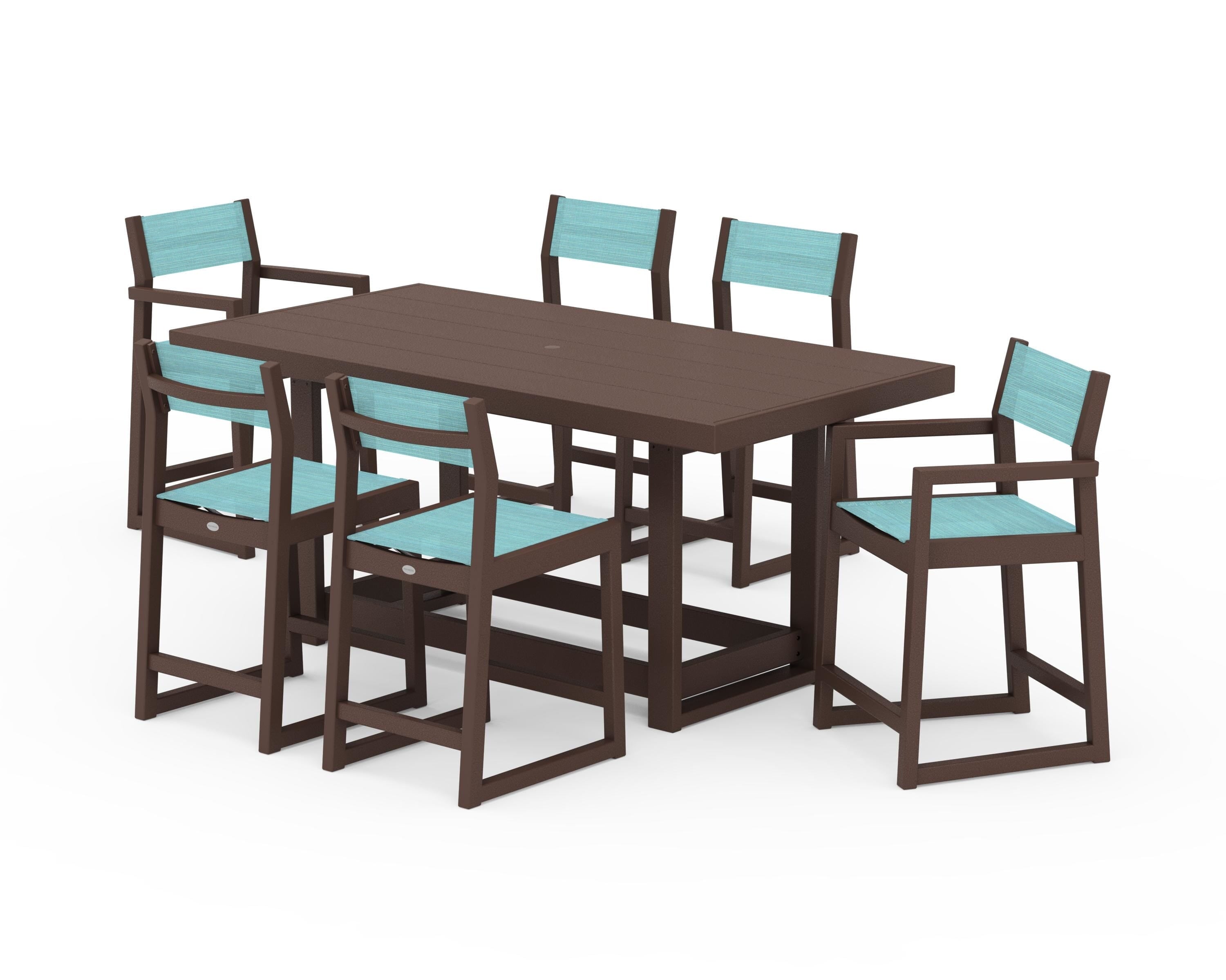 POLYWOOD EDGE Sling 7-Piece Counter Table Set in Mahogany / Dupioni Aquamarine Sling