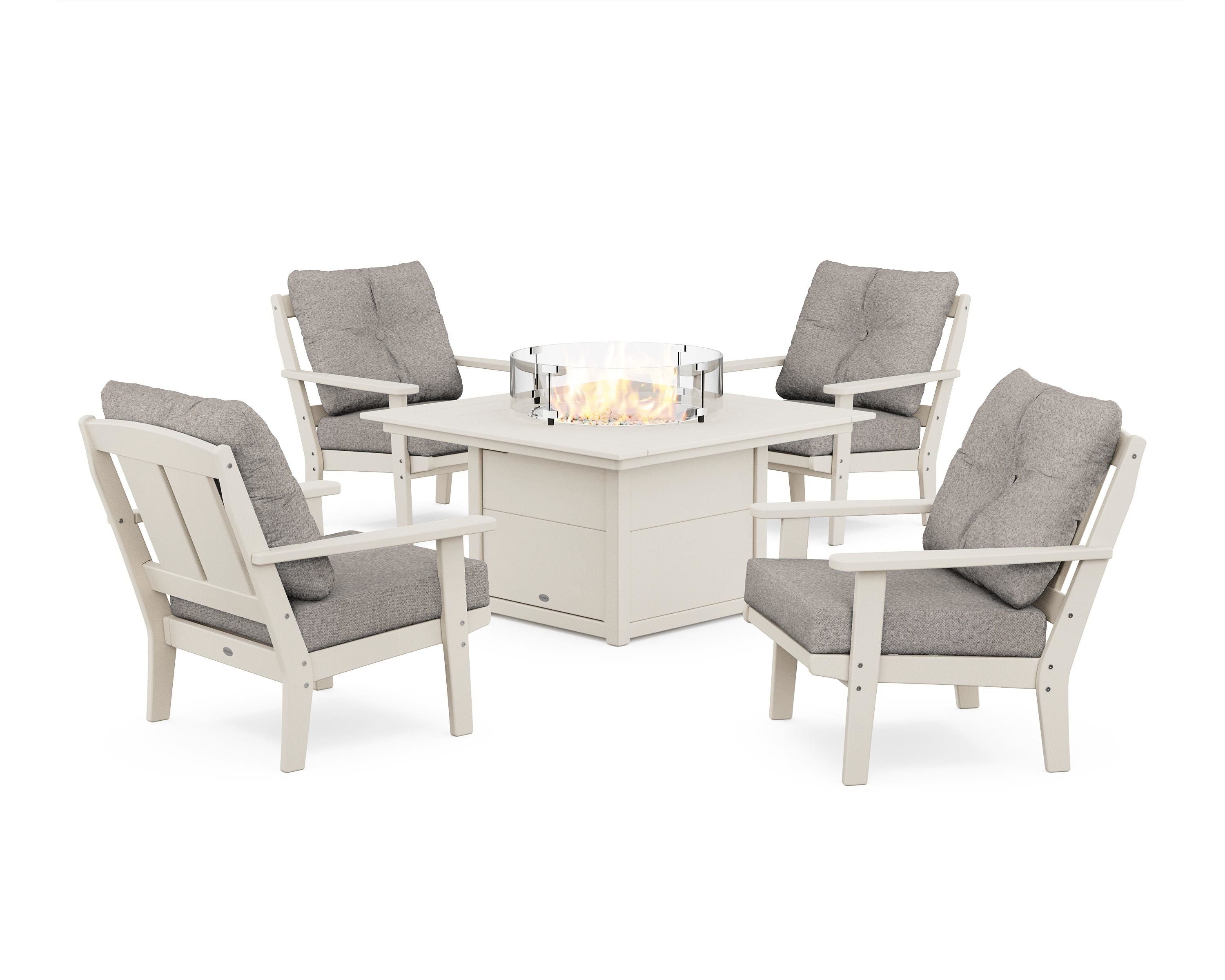 POLYWOOD Mission 5-Piece Deep Seating Set with Fire Pit Table in Sand / Weathered Tweed