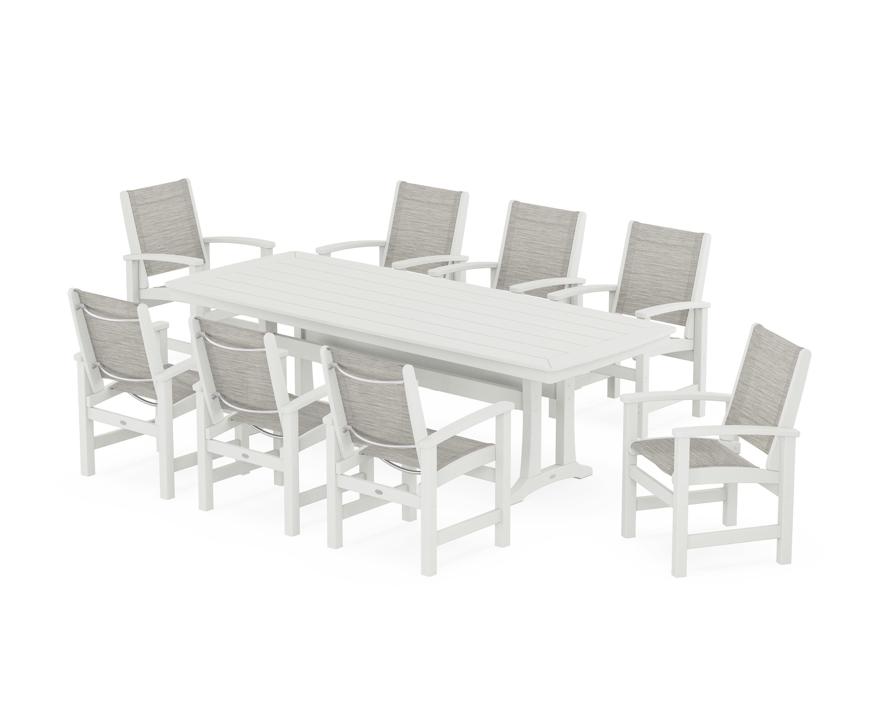 POLYWOOD Coastal 9-Piece Dining Set with Trestle Legs in Vintage White / Birch Sling