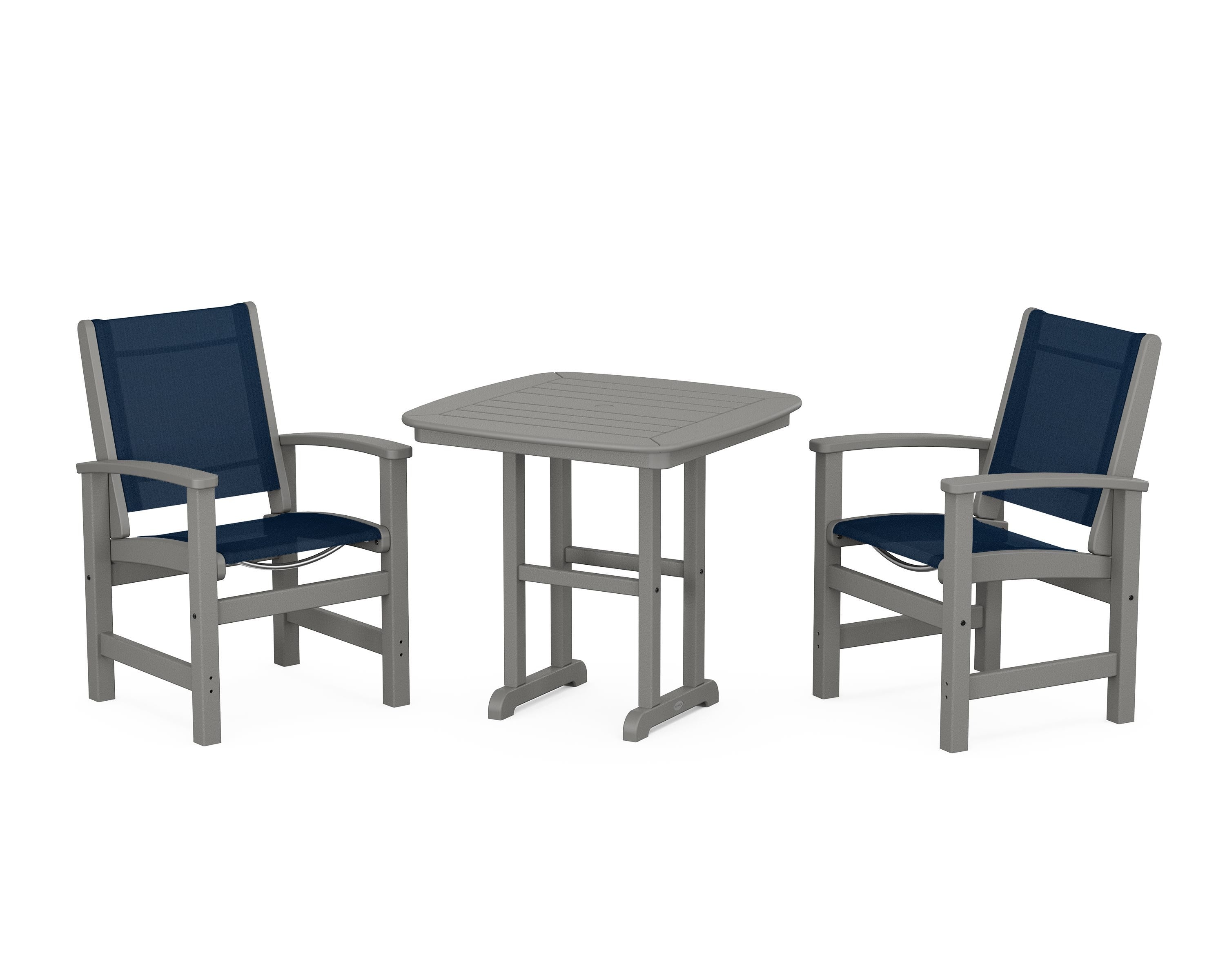 POLYWOOD Coastal 3-Piece Dining Set in Slate Grey / Navy Blue Sling
