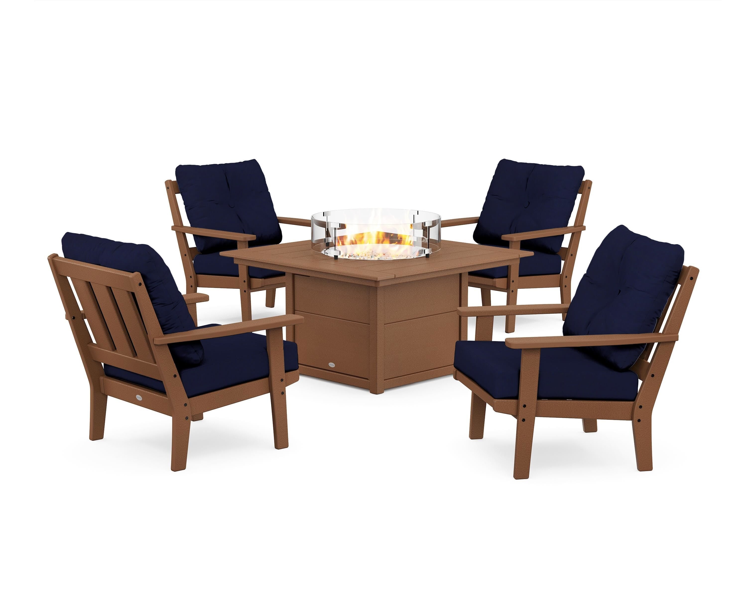 POLYWOOD Oxford 5-Piece Deep Seating Set with Fire Pit Table in Teak / Navy