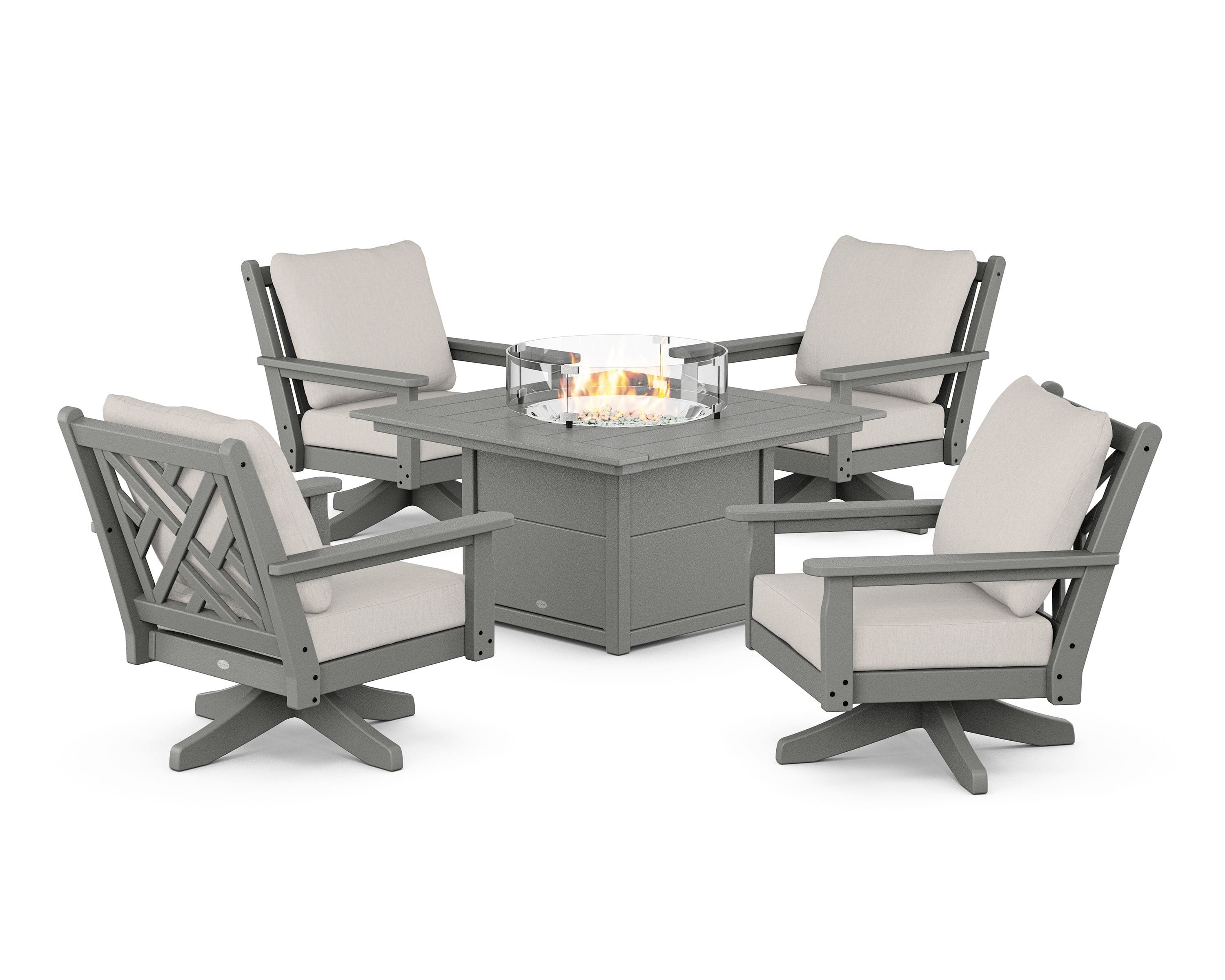 POLYWOOD Chippendale 5-Piece Deep Seating Swivel Conversation Set with Fire Pit Table in Slate Grey / Cast Ash