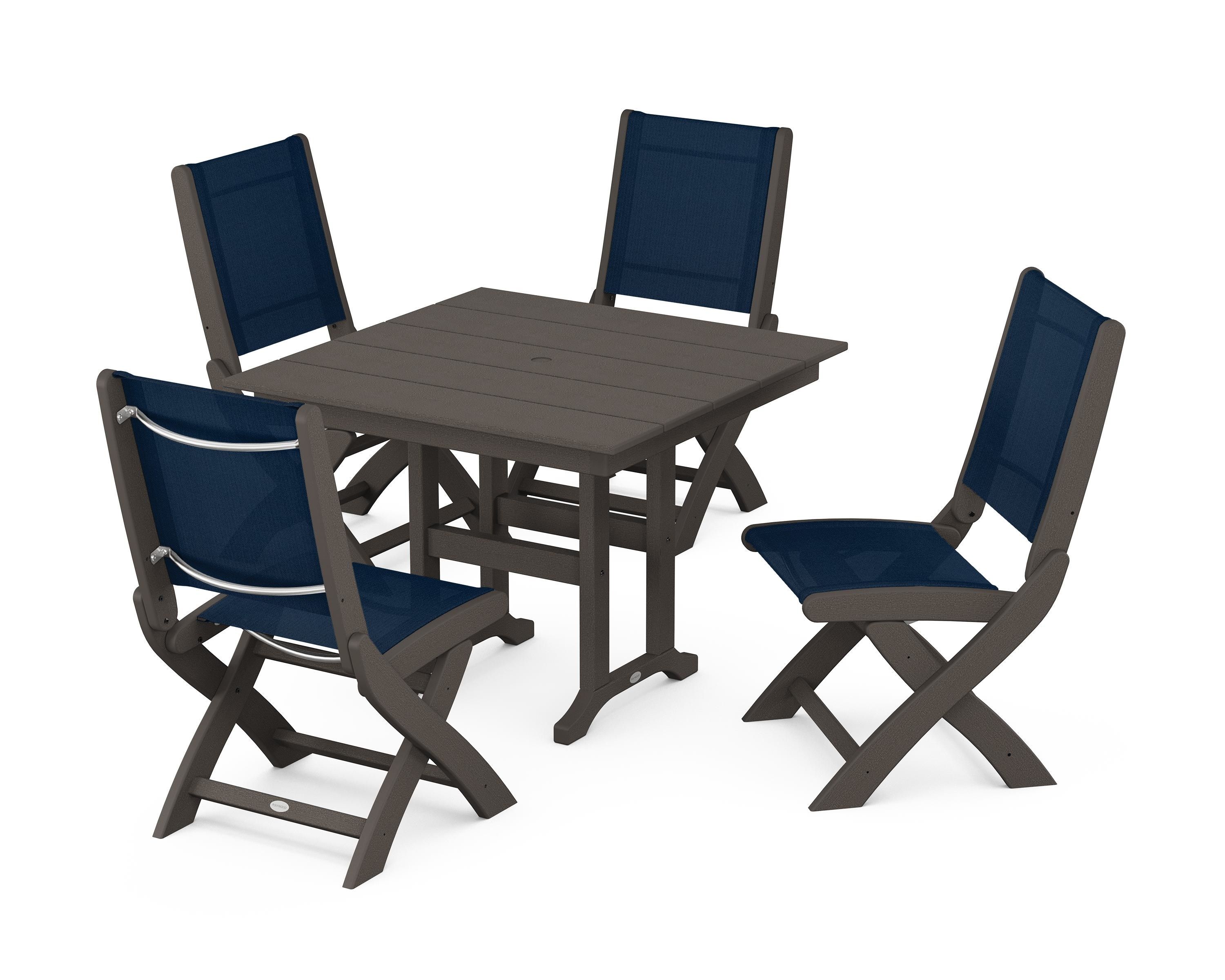POLYWOOD Coastal Folding Side Chair 5-Piece Farmhouse Dining Set in Vintage Coffee / Navy Blue Sling