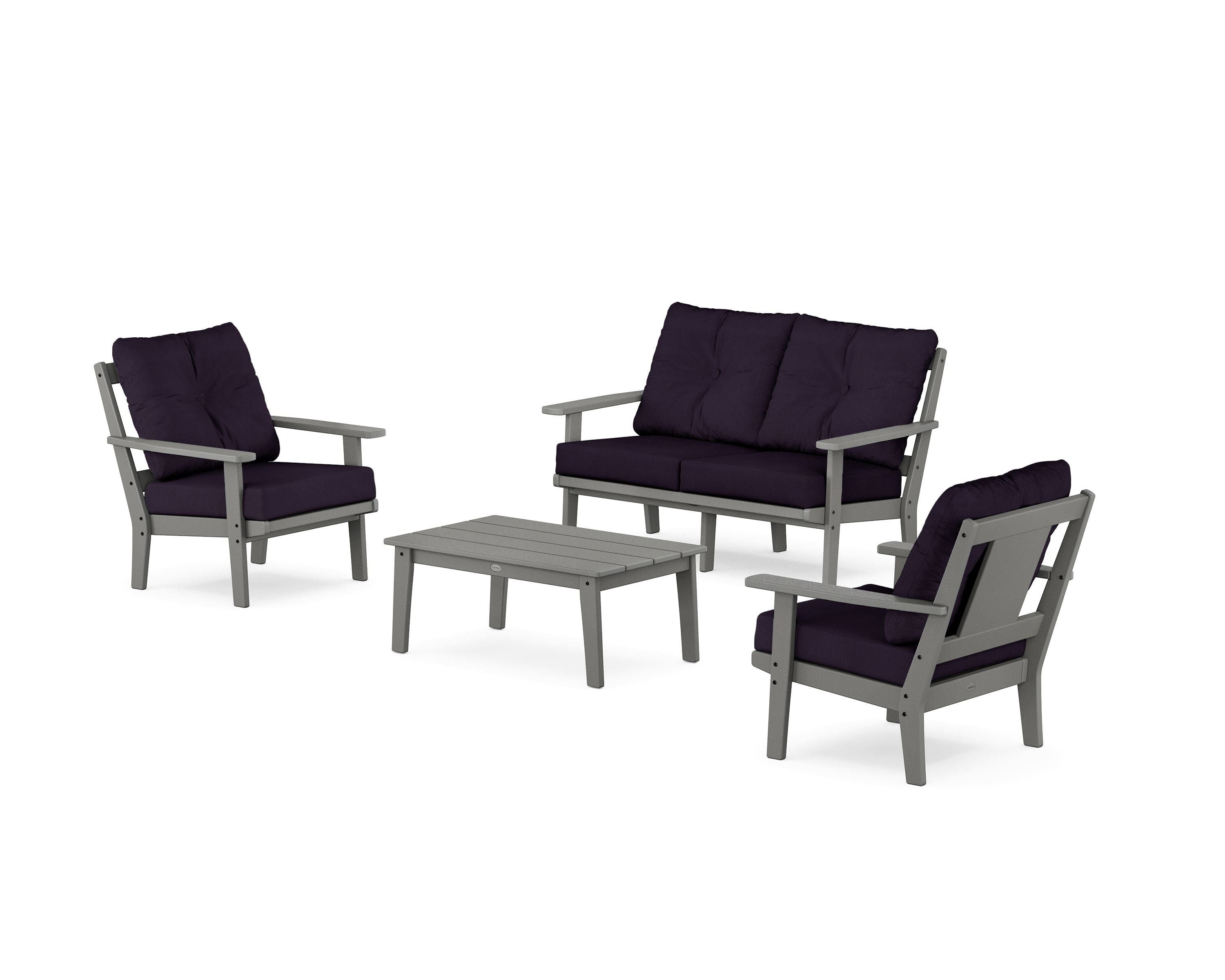 POLYWOOD Prairie 4-Piece Deep Seating Set with Loveseat in Slate Grey / Navy Linen