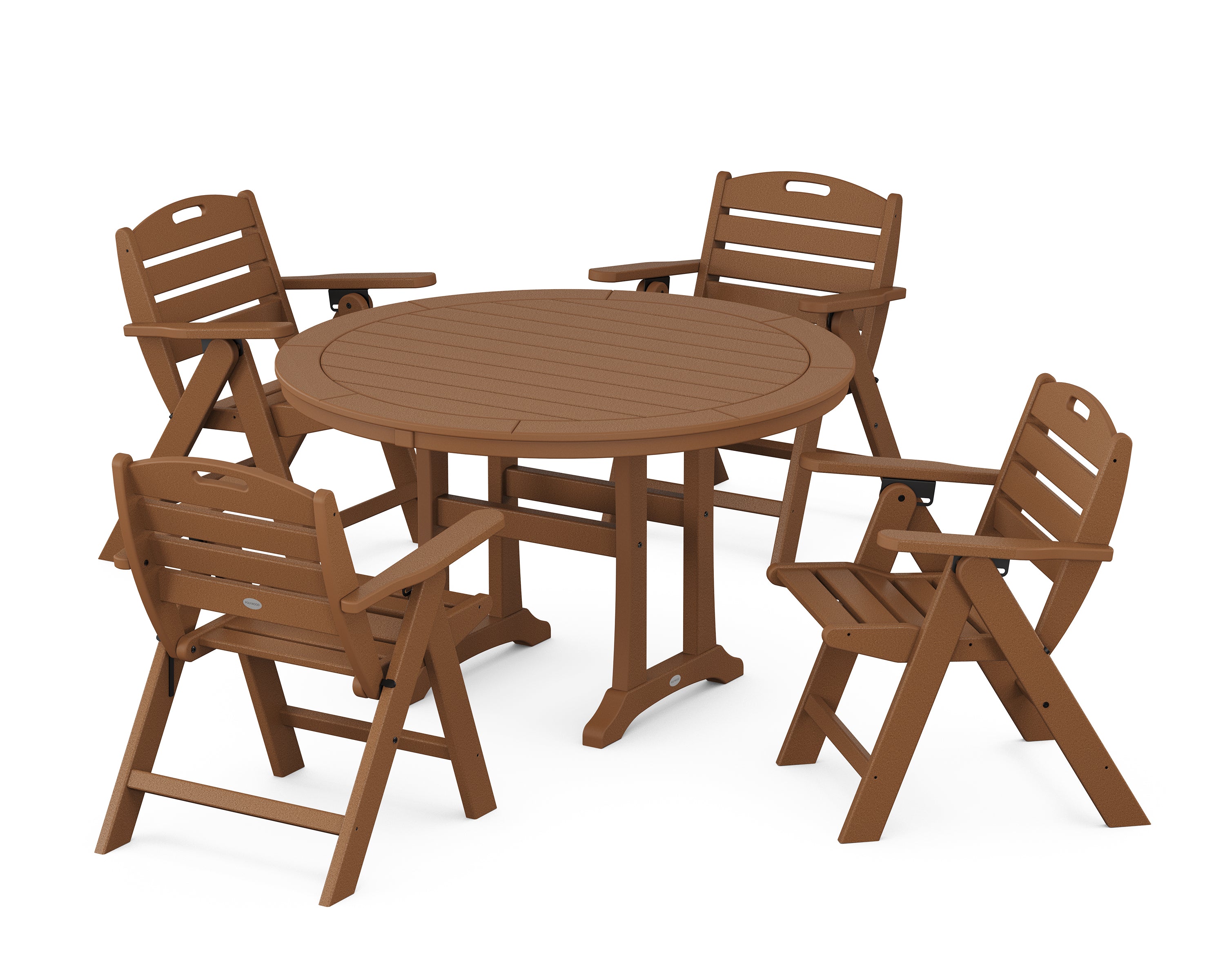 POLYWOOD® Nautical Folding Lowback Chair 5-Piece Round Dining Set With Trestle Legs in Teak