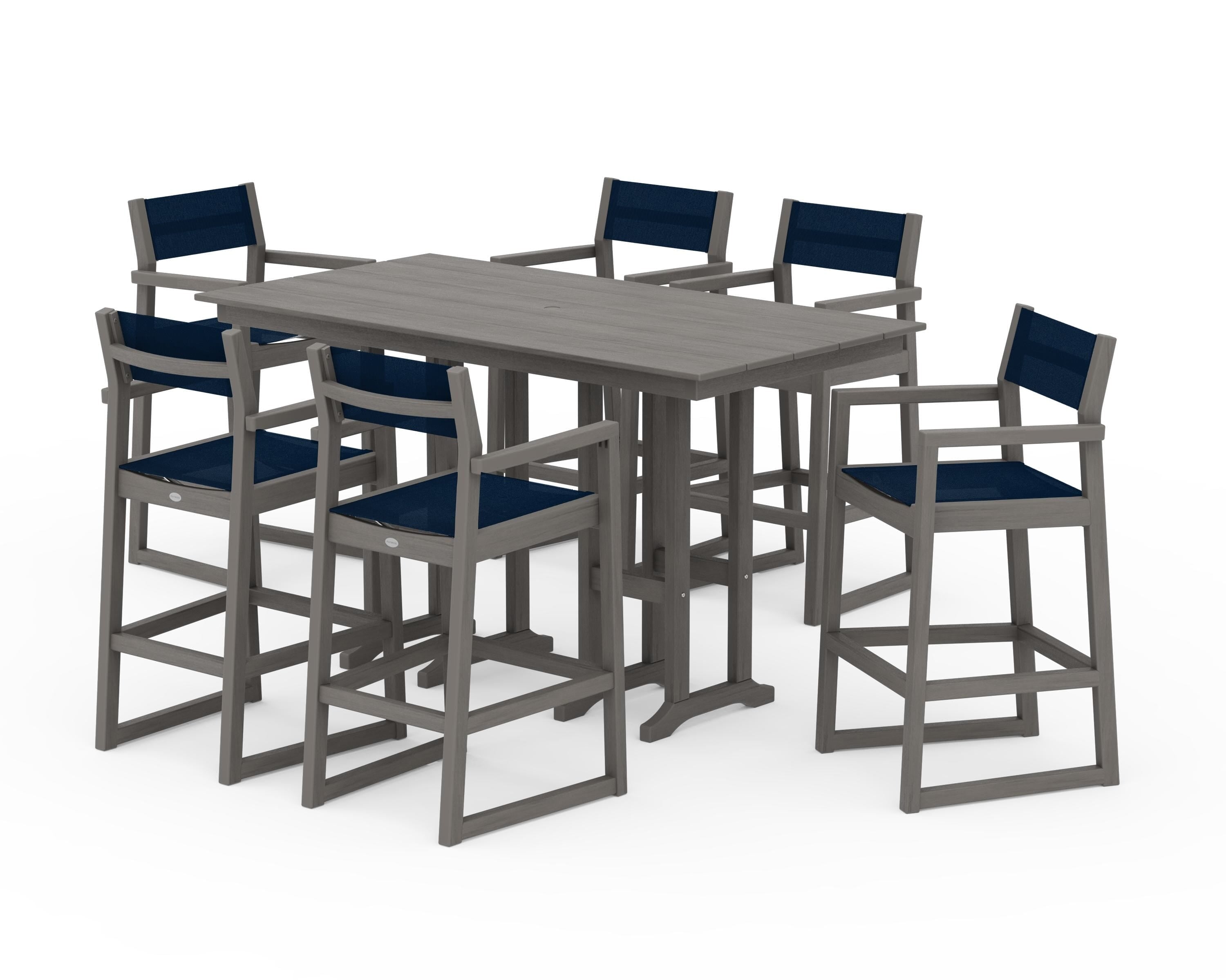 POLYWOOD EDGE Sling Arm Chair 7-Piece Farmhouse Bar Set in Driftwood / Navy Blue Sling