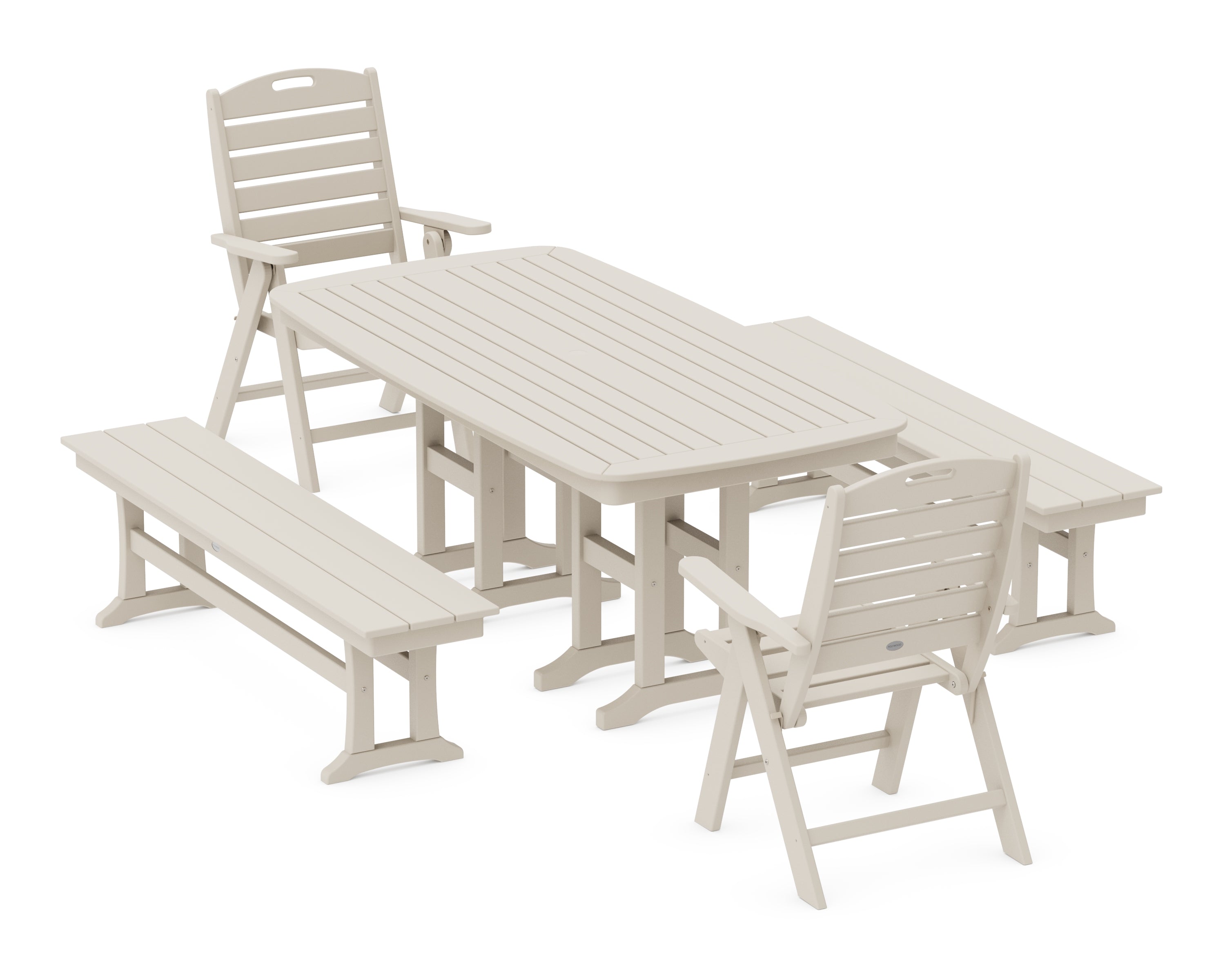 POLYWOOD Nautical Highback 5-Piece Dining Set with Benches in Sand