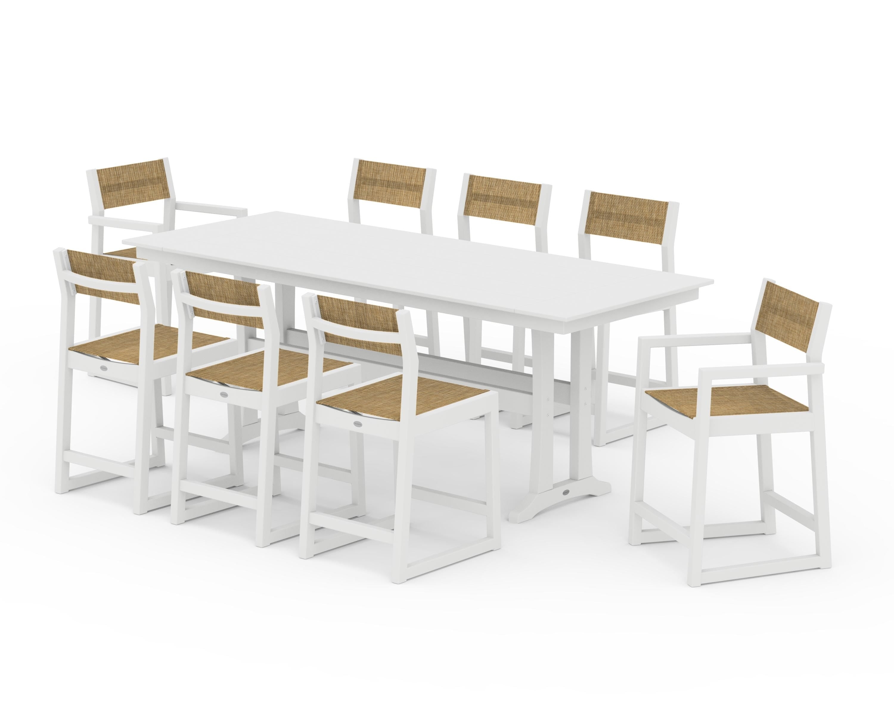 POLYWOOD EDGE Sling 9-Piece Farmhouse Counter Set with Trestle Legs in White / Burlap Sling