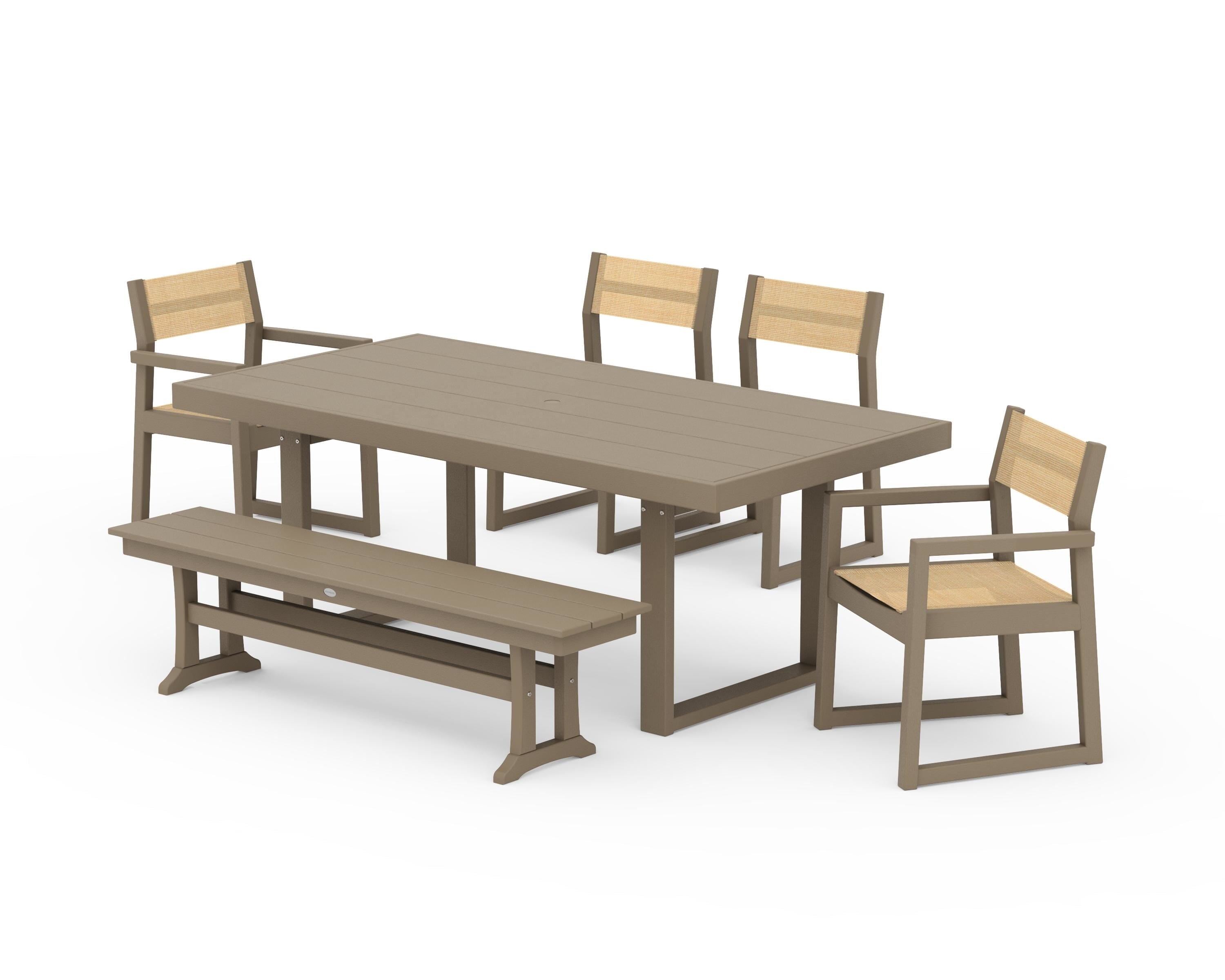 POLYWOOD EDGE Sling 6-Piece Dining Set with Bench in Vintage Sahara / Dupioni Apricot Sling