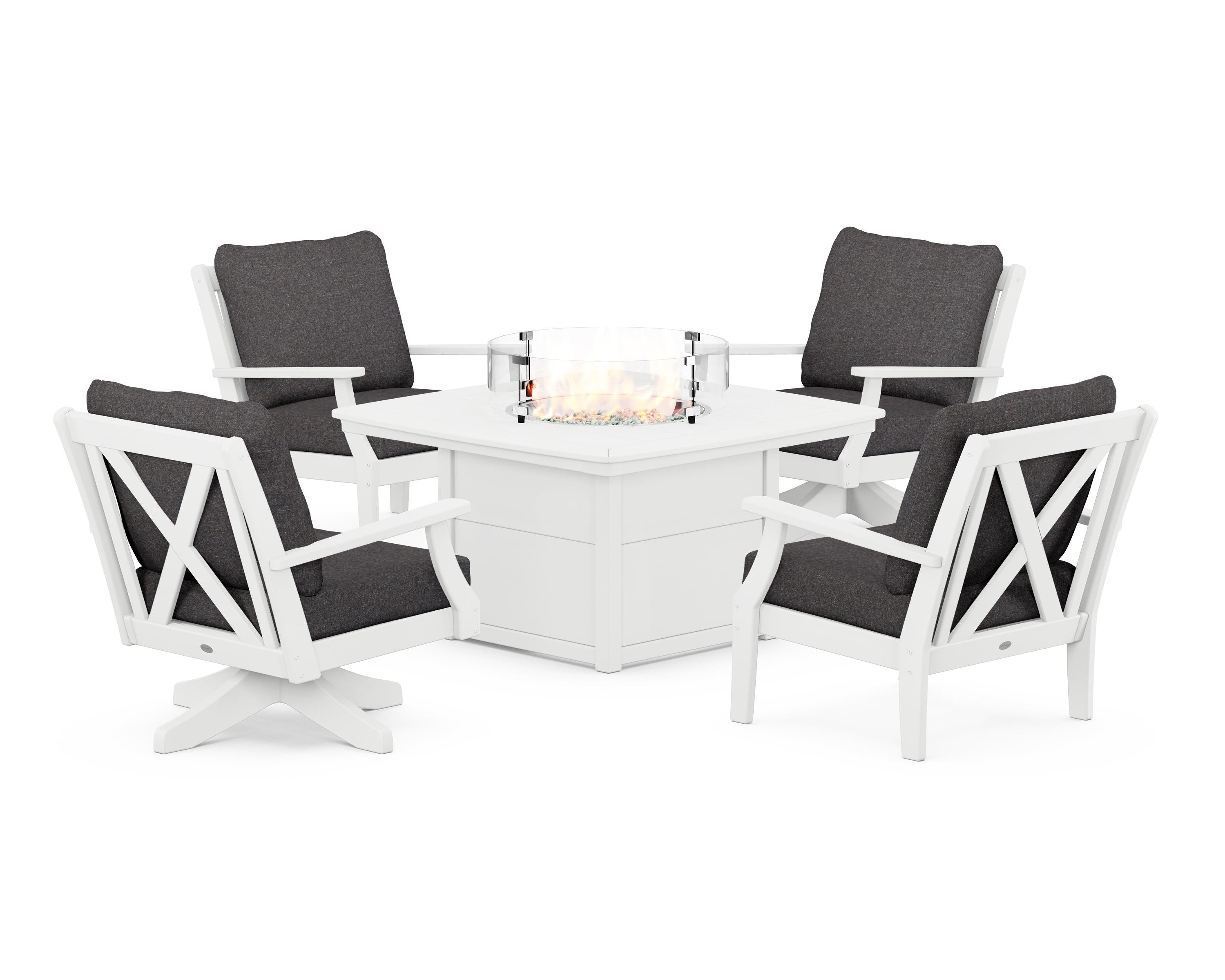 POLYWOOD Braxton 5-Piece Deep Seating Set with Fire Table in White / Ash Charcoal
