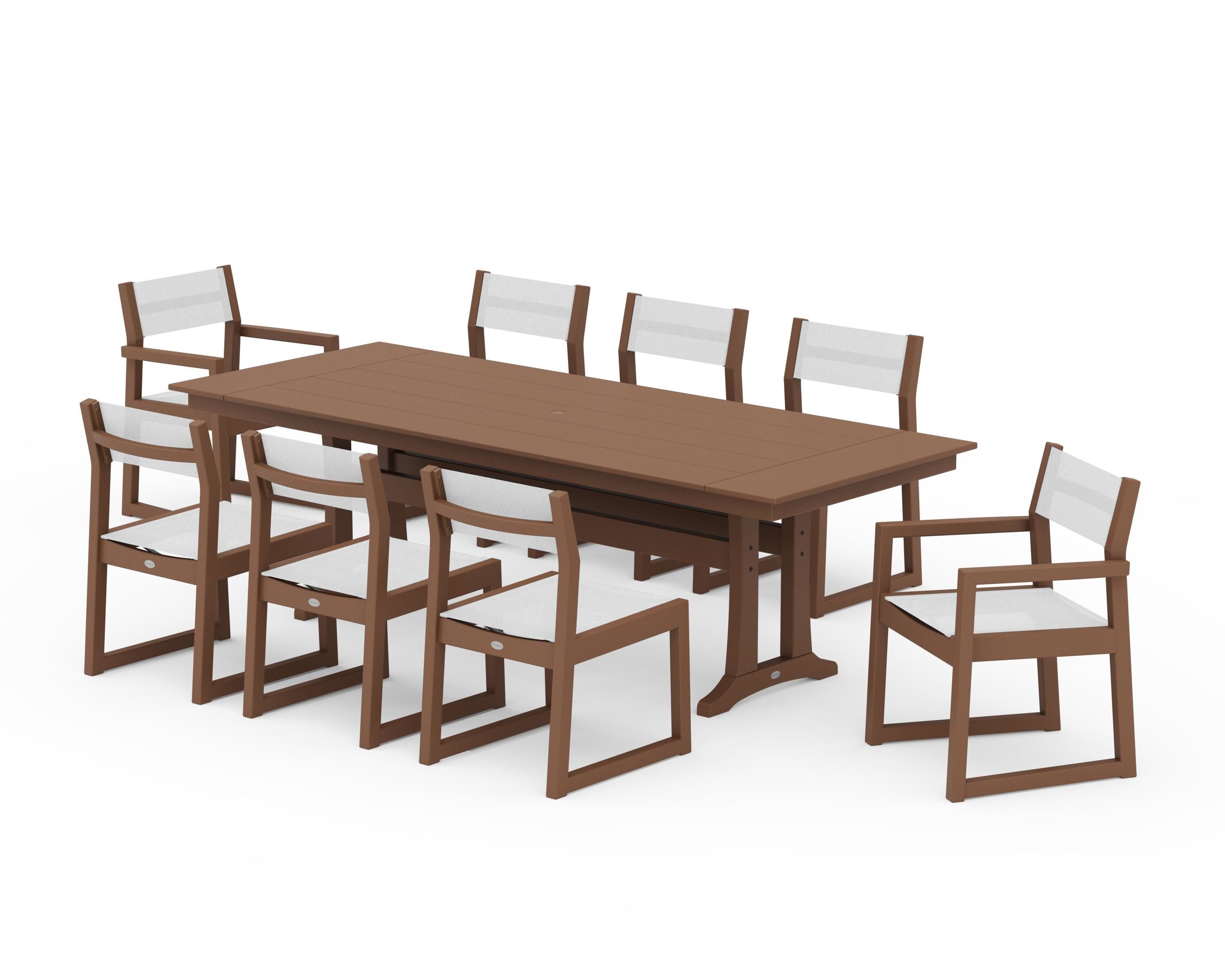 POLYWOOD EDGE Sling 9-Piece Farmhouse Trestle Dining Set in Teak / White Sling