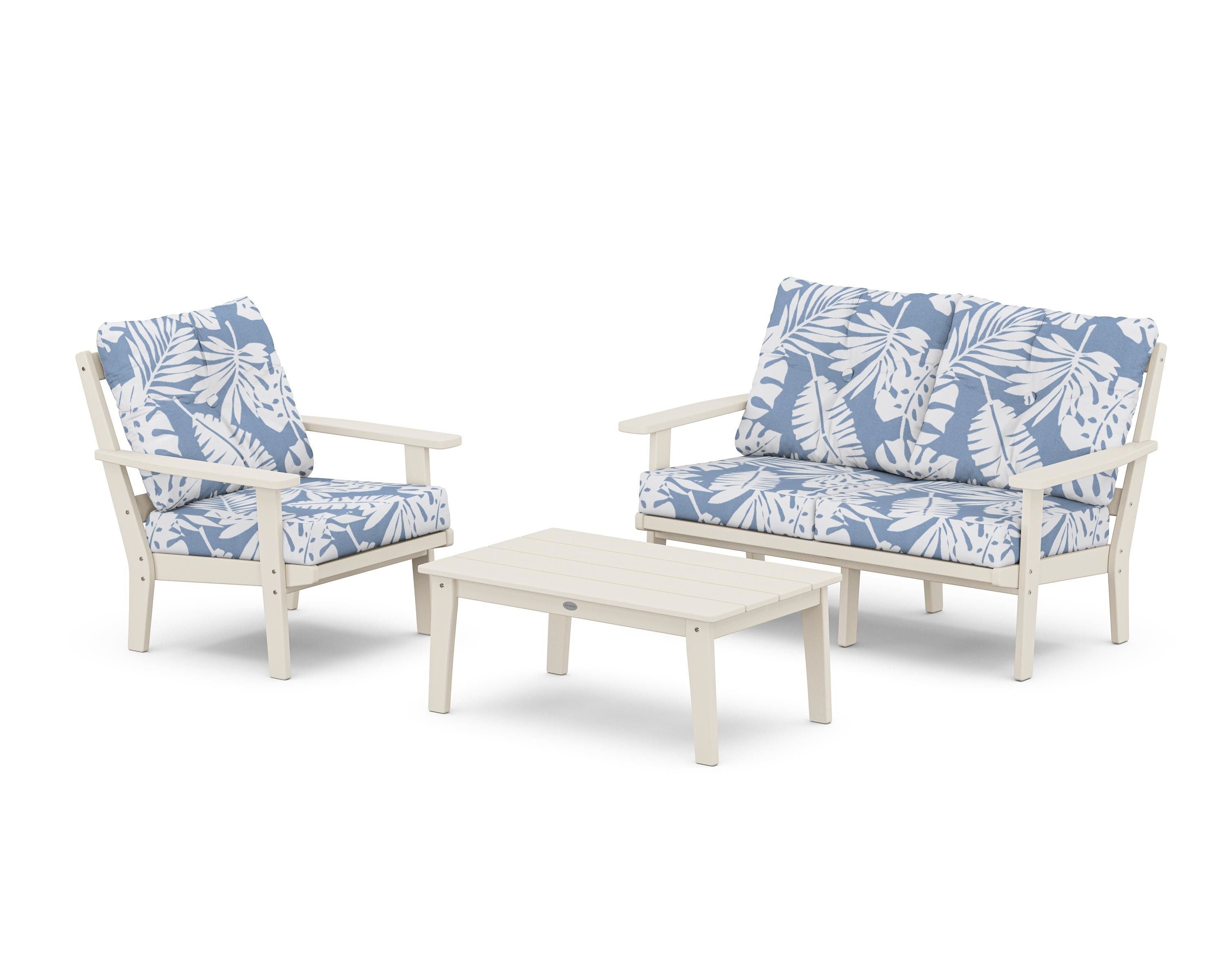 POLYWOOD Prairie 3-Piece Deep Seating Set with Loveseat in Sand / Leaf Sky Blue