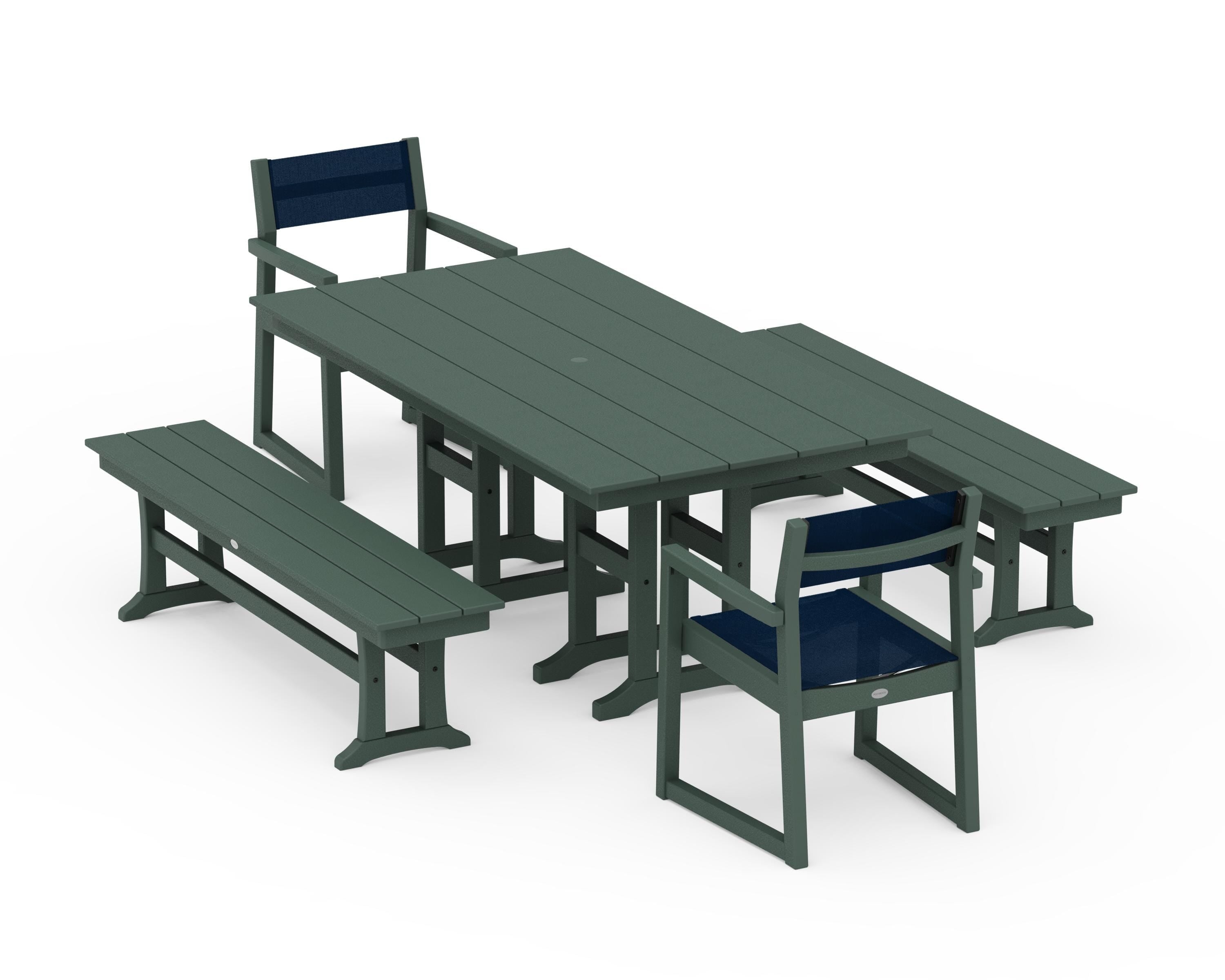 POLYWOOD EDGE Sling Arm Chair 5-Piece Farmhouse Dining Set with Benches in Green / Navy Blue Sling
