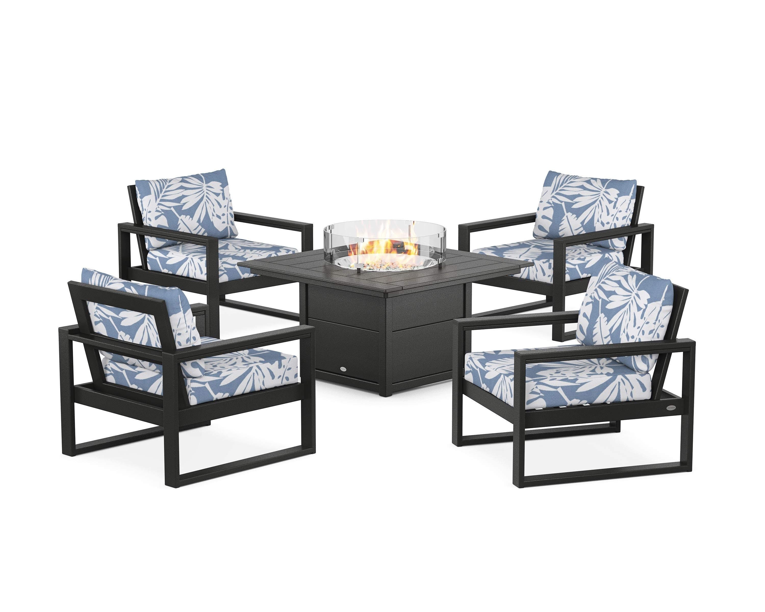 POLYWOOD EDGE Sectional 5-Piece Deep Seating Set with Fire Pit Table in Black / Leaf Sky Blue