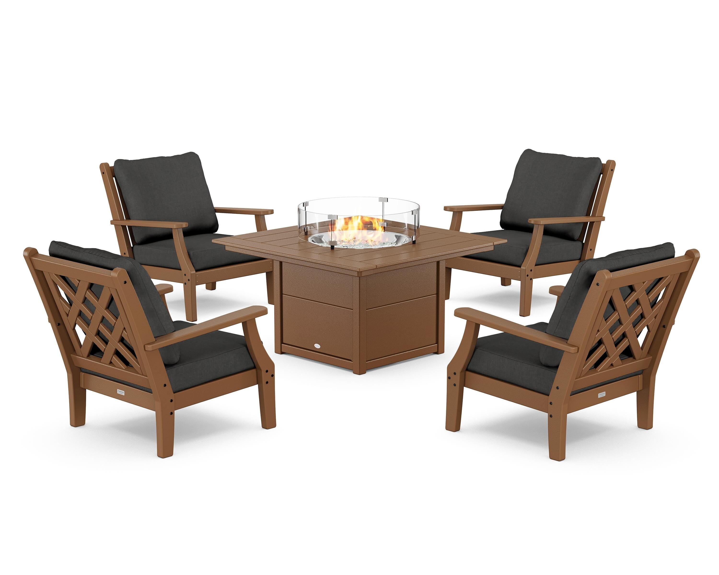 Country Living Wovendale 5-Piece Deep Seating Set with Fire Pit Table in Teak / Spectrum Carbon