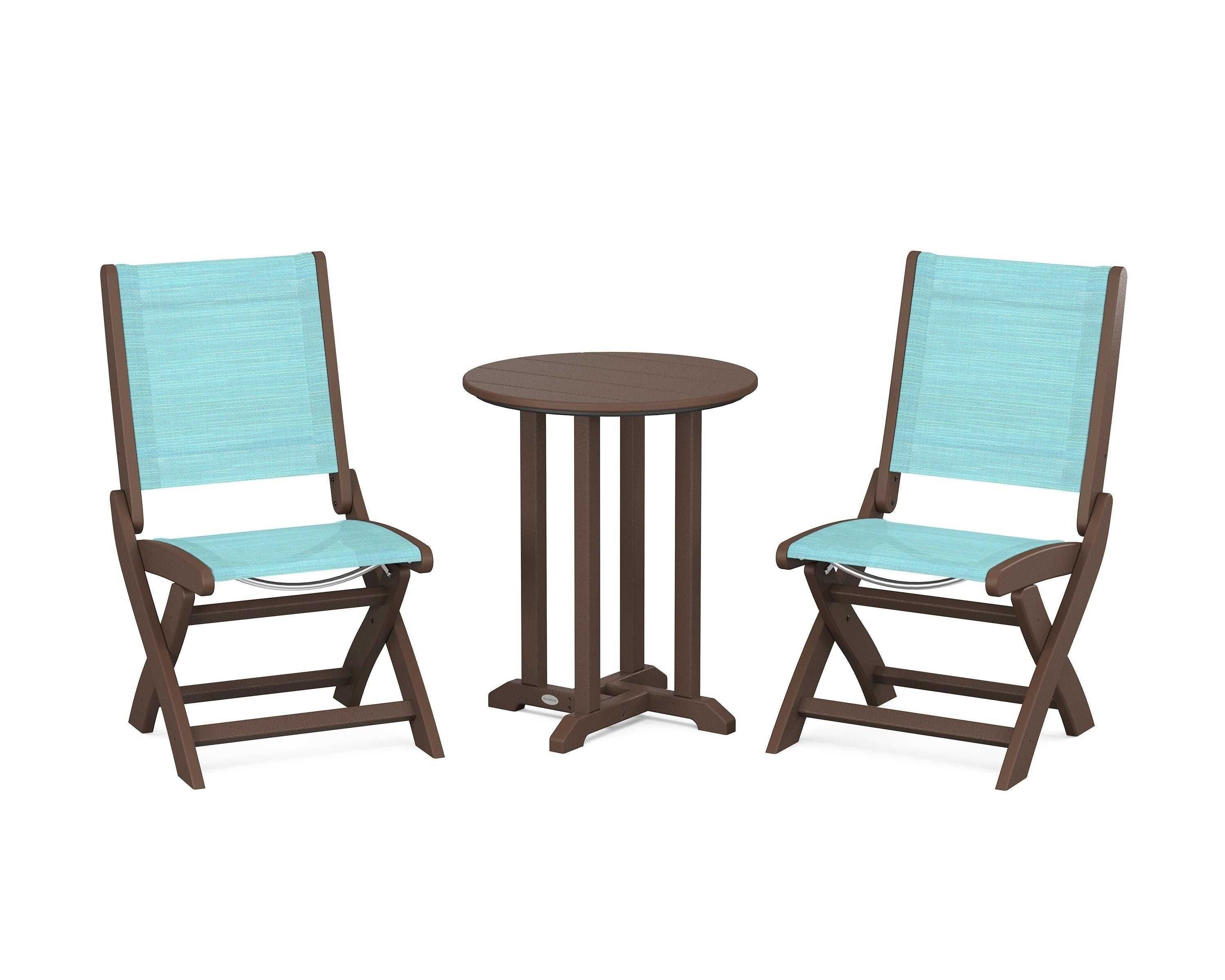POLYWOOD Coastal Folding Side Chair 3-Piece Round Bistro Dining Set in Mahogany / Dupioni Aquamarine Sling