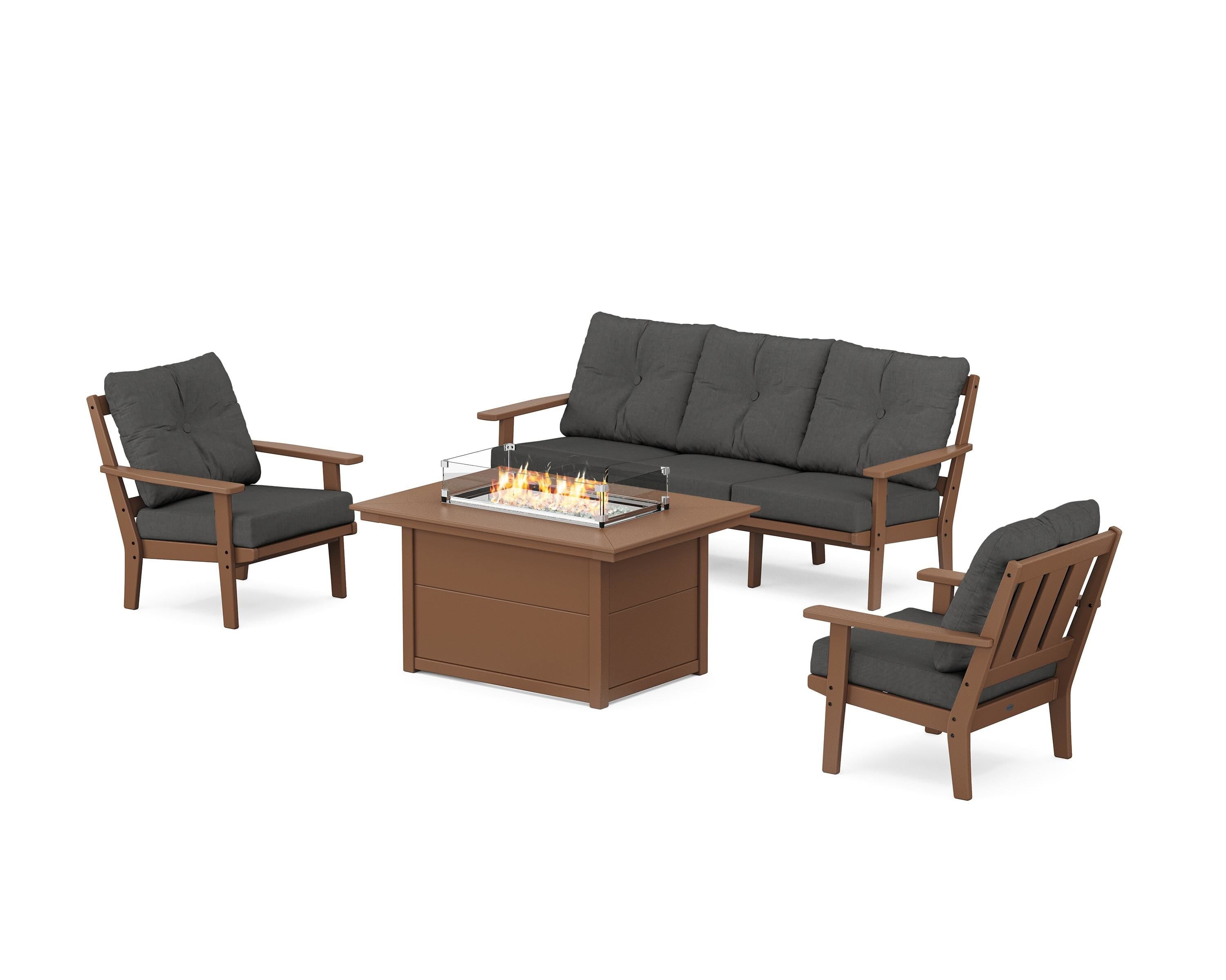 POLYWOOD Oxford Deep Seating Fire Pit Table Set in Teak / Spectrum Carbon